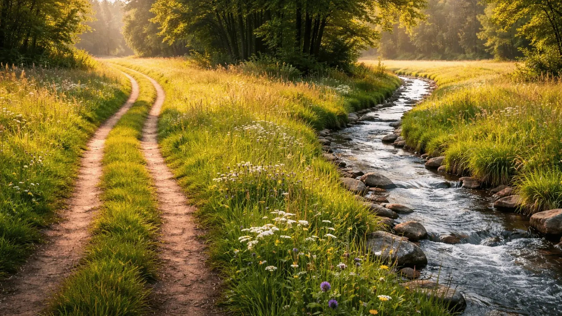 A dirt path and a gentle stream running parallel through a sunlit green meadow with wildflowers, leading toward a tree line Trauma Therapist institute