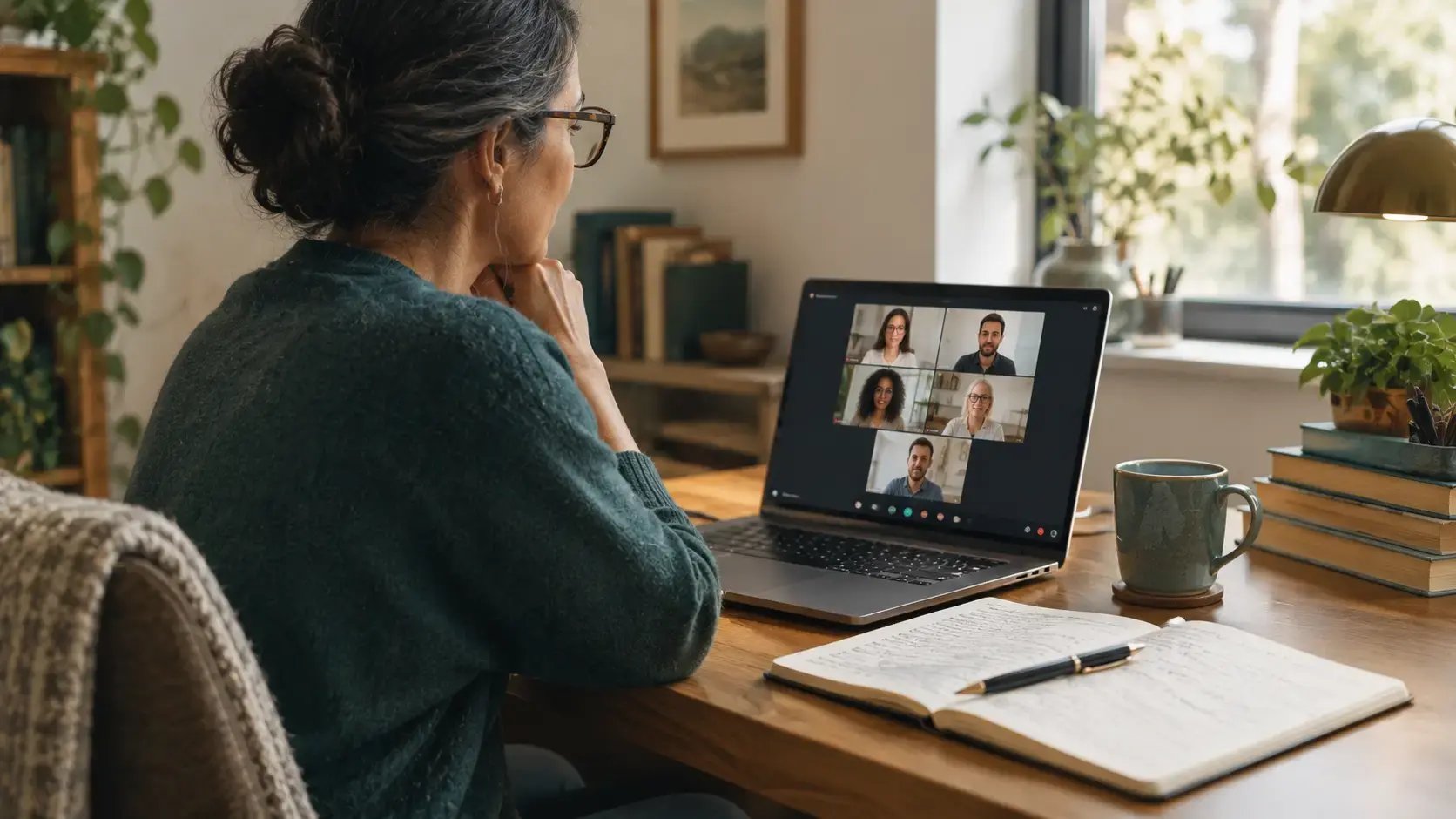 Therapist at a home desk attending a live online EMDR training on a laptop, with a notebook and certification checklist beside the keyboard