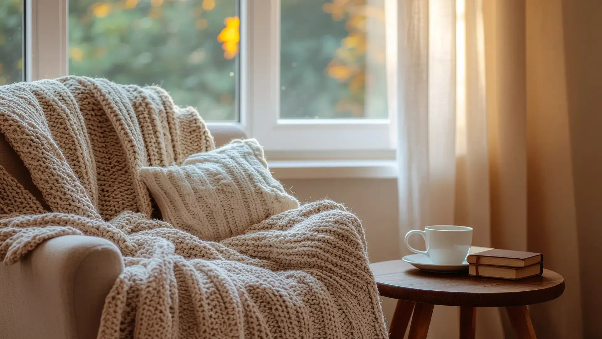 A cozy armchair draped with a chunky knit blanket and pillow beside a small wooden side table with a tea cup and book, bathed in warm natural light from a nearby window for Trauma Therapist Institute