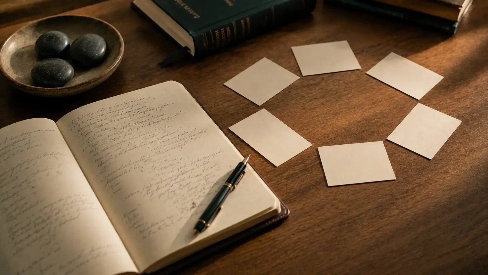 A warmly lit clinician desk with an open case conceptualization notebook, a fountain pen, scattered index cards arranged in a thoughtful pattern, and a small ceramic dish holding river stones, evoking the considered work of mapping a client through the six core processes of Acceptance and Commitment Therapy