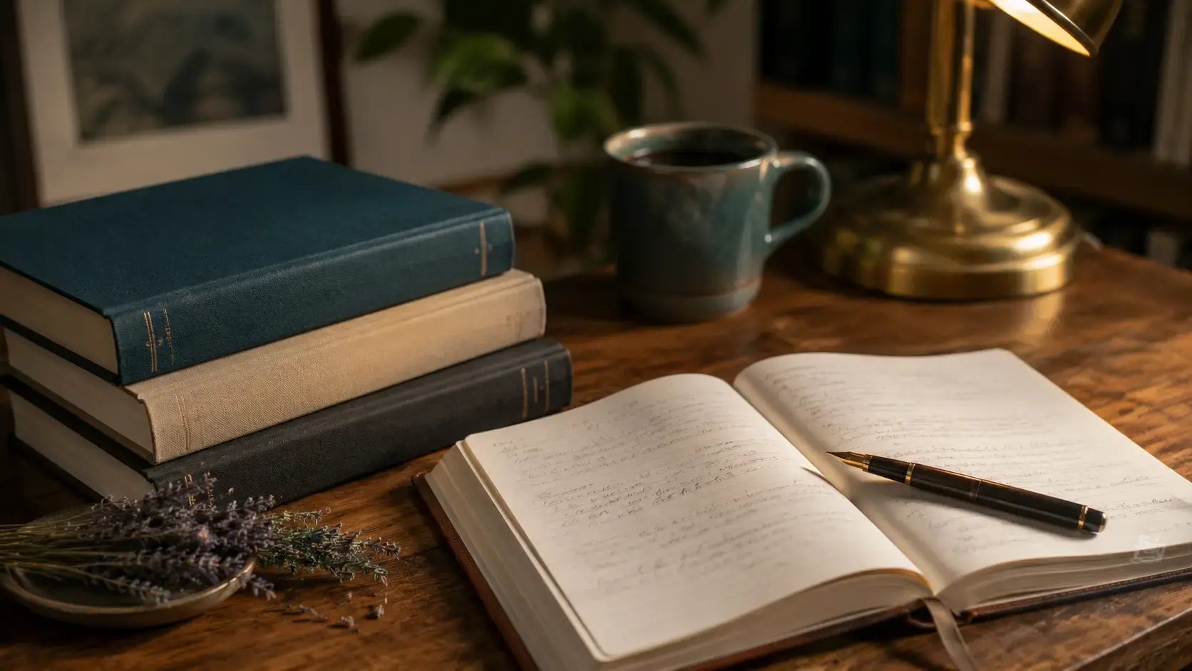 An editorial flat-lay of stacked peer-reviewed research journals beside a clinician notebook, a fountain pen, a reading lamp casting warm light, and a ceramic mug of coffee, evoking the scholarly research base that supports Acceptance and Commitment Therapy