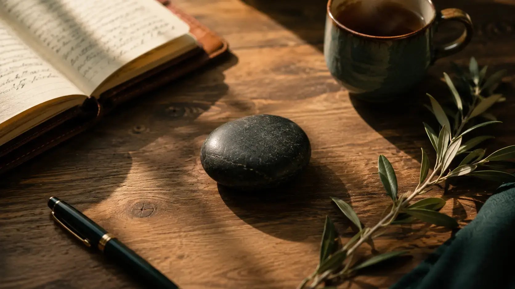 A small smooth river stone resting at the center of a softly lit desk, surrounded by an open notebook, a ceramic mug of tea, and a single sprig of olive branch laid alongside, illustrating the grounded balance and steady presence at the heart of Acceptance and Commitment Therapy