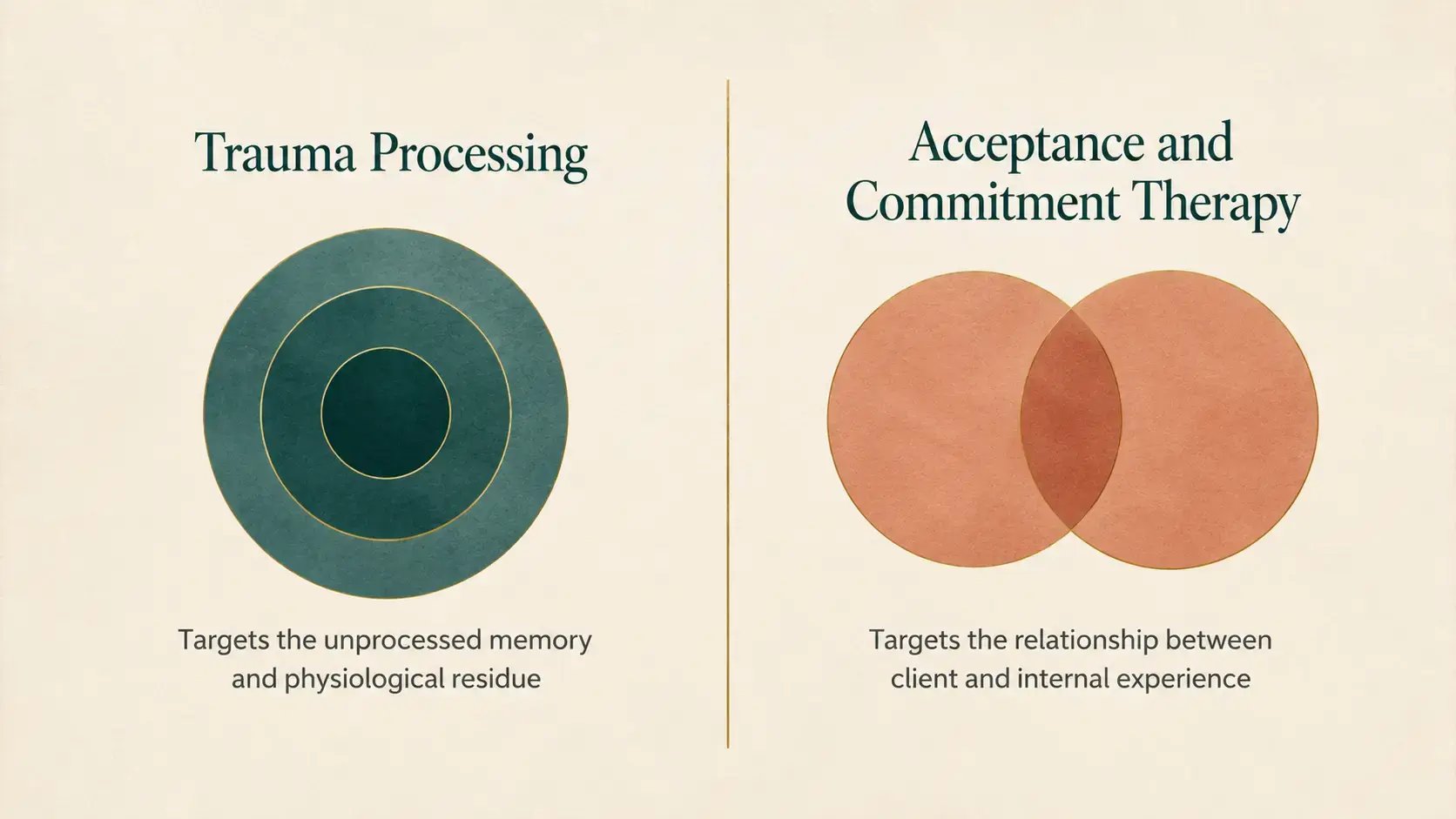 An editorial comparison diagram showing the two distinct treatment targets of trauma processing and Acceptance and Commitment Therapy, with trauma processing targeting the unprocessed memory and physiological residue, and ACT targeting the relationship between client and internal experience