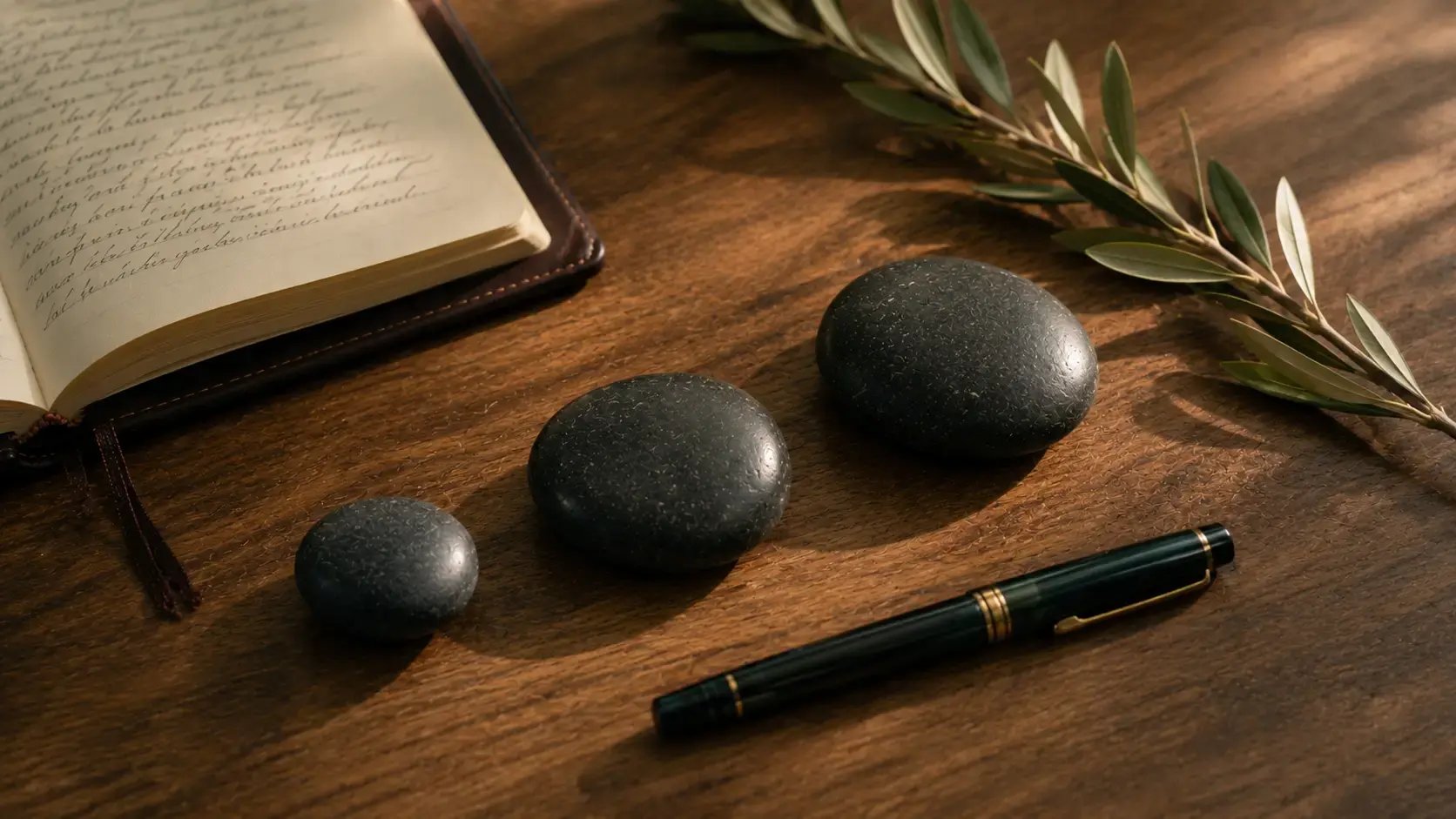 A warmly lit overhead composition of three smooth river stones arranged in a flowing line on a wooden surface, alongside a single sprig of olive branch and an open notebook, illustrating the three distinct models clinicians use to integrate ACT alongside trauma-focused work