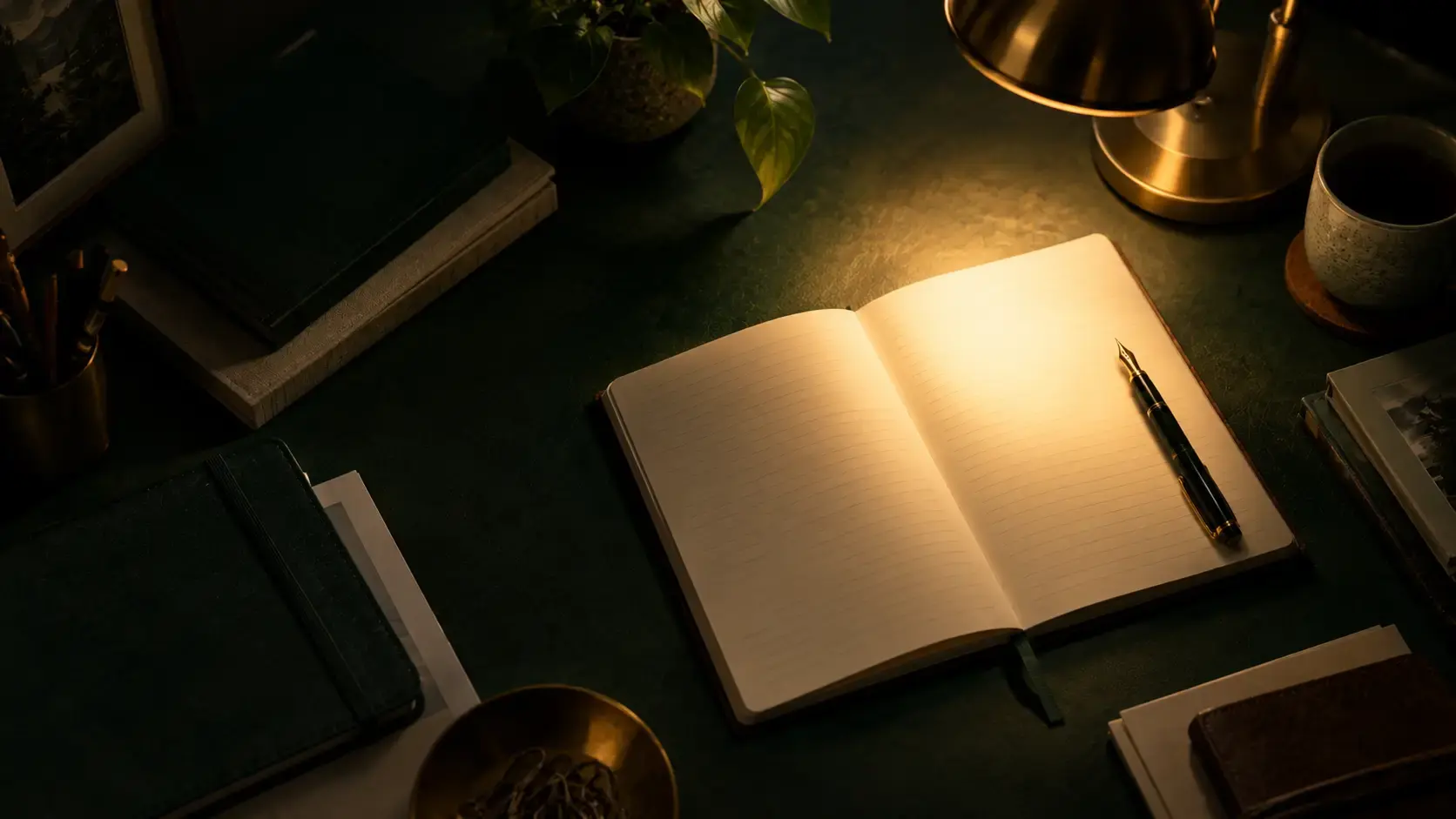 A desk lamp casts a narrow beam of light on one open notebook among closed ones, representing the focused nature of constricted processing in EMDR.