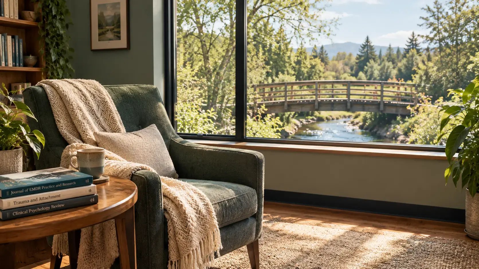 A calm therapy office with a view of a sturdy footbridge crossing a stream, representing safe passage through EMDR treatment for complex PTSD.