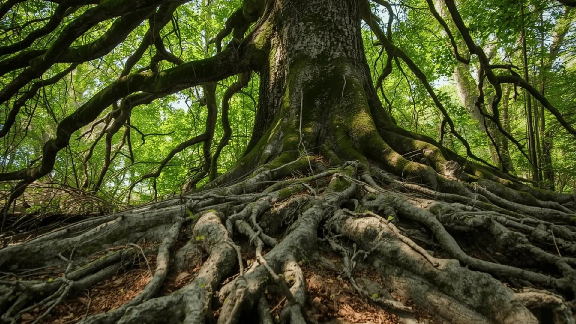 Ancient tree with sprawling exposed roots and wide-reaching branches in a lush green forest, viewed from the base looking upward Trauma Therapist Institute