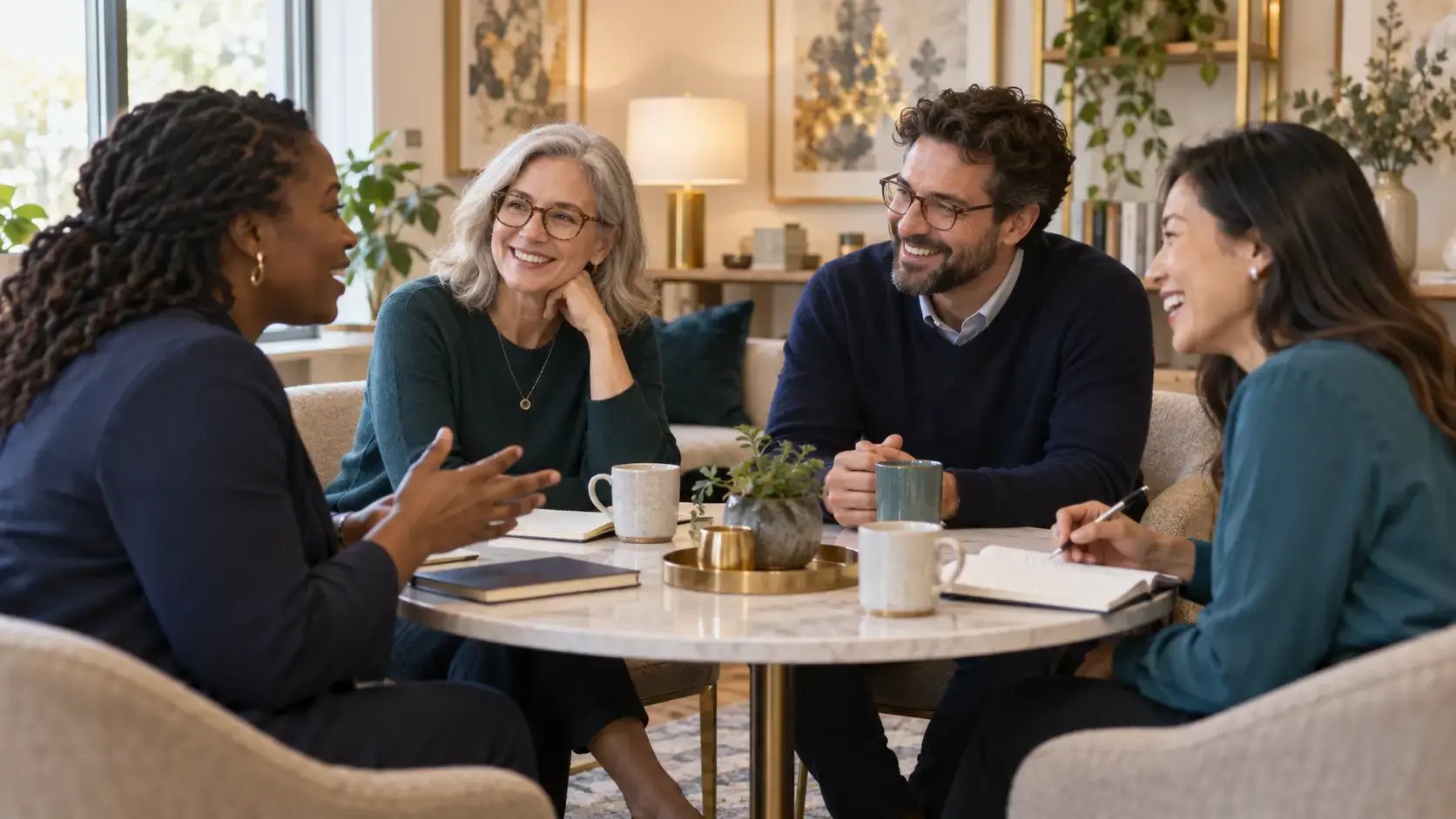 Four therapists sit around a table in relaxed conversation, one laughing, notebooks open between them