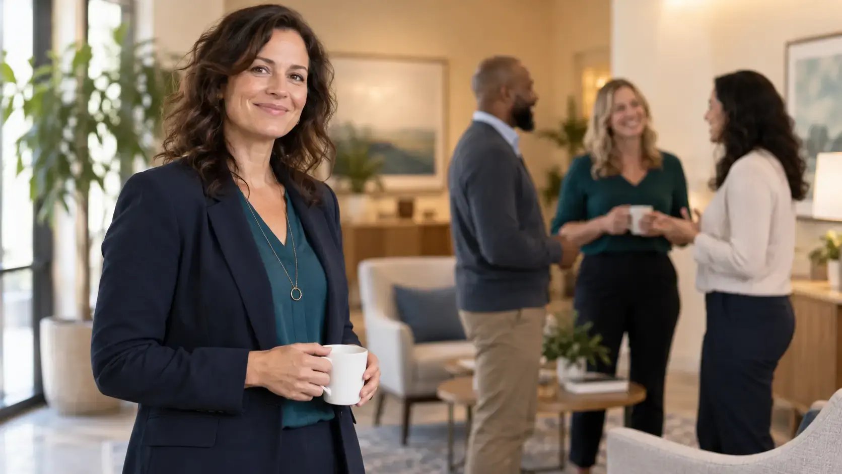 A therapist stands at the edge of a small group of colleagues in warm conversation, about to join them.