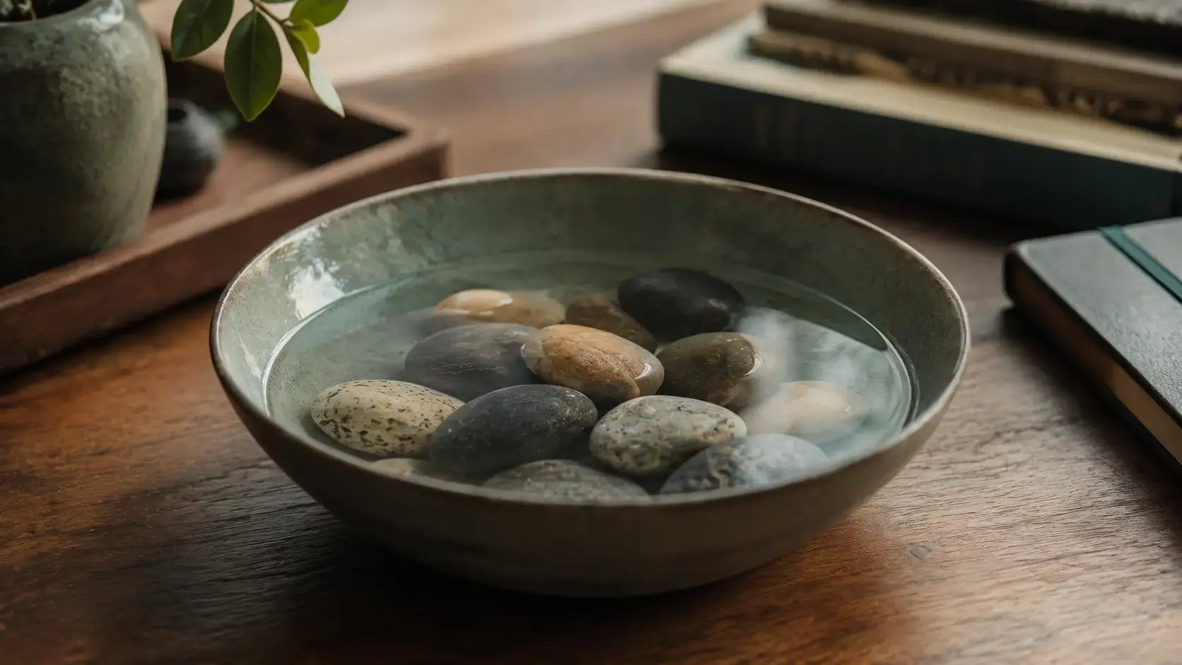 River-smoothed stones and a shallow pool of water on a therapist's desk, representing gradual neural reorganization.