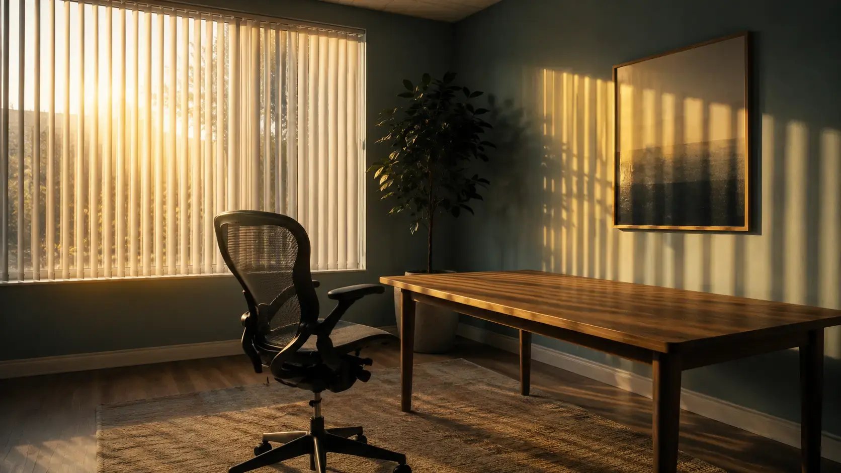 Late afternoon sunlight streaming through a therapy office window and falling across an empty desk chair pushed back from the desk, suggesting the end of a long working day.