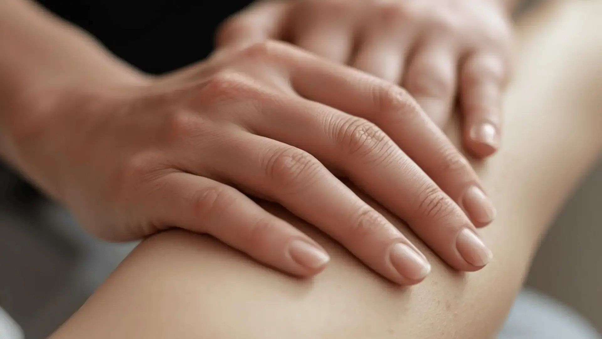 Close-up of a therapist's hands gently resting on a client's forearm in a somatic therapy setting