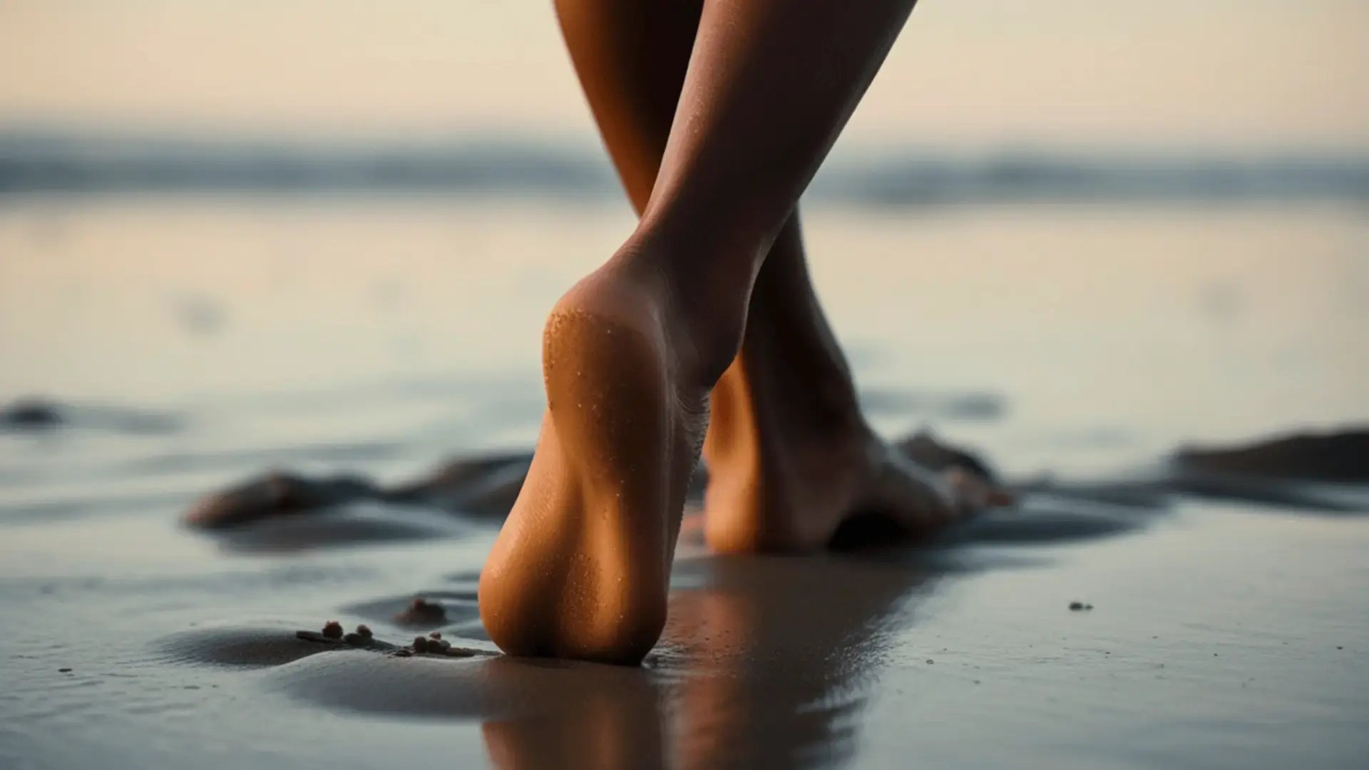 Close-up of bare feet walking on wet sand at the water's edge during sunset Trauma Therapist Institute