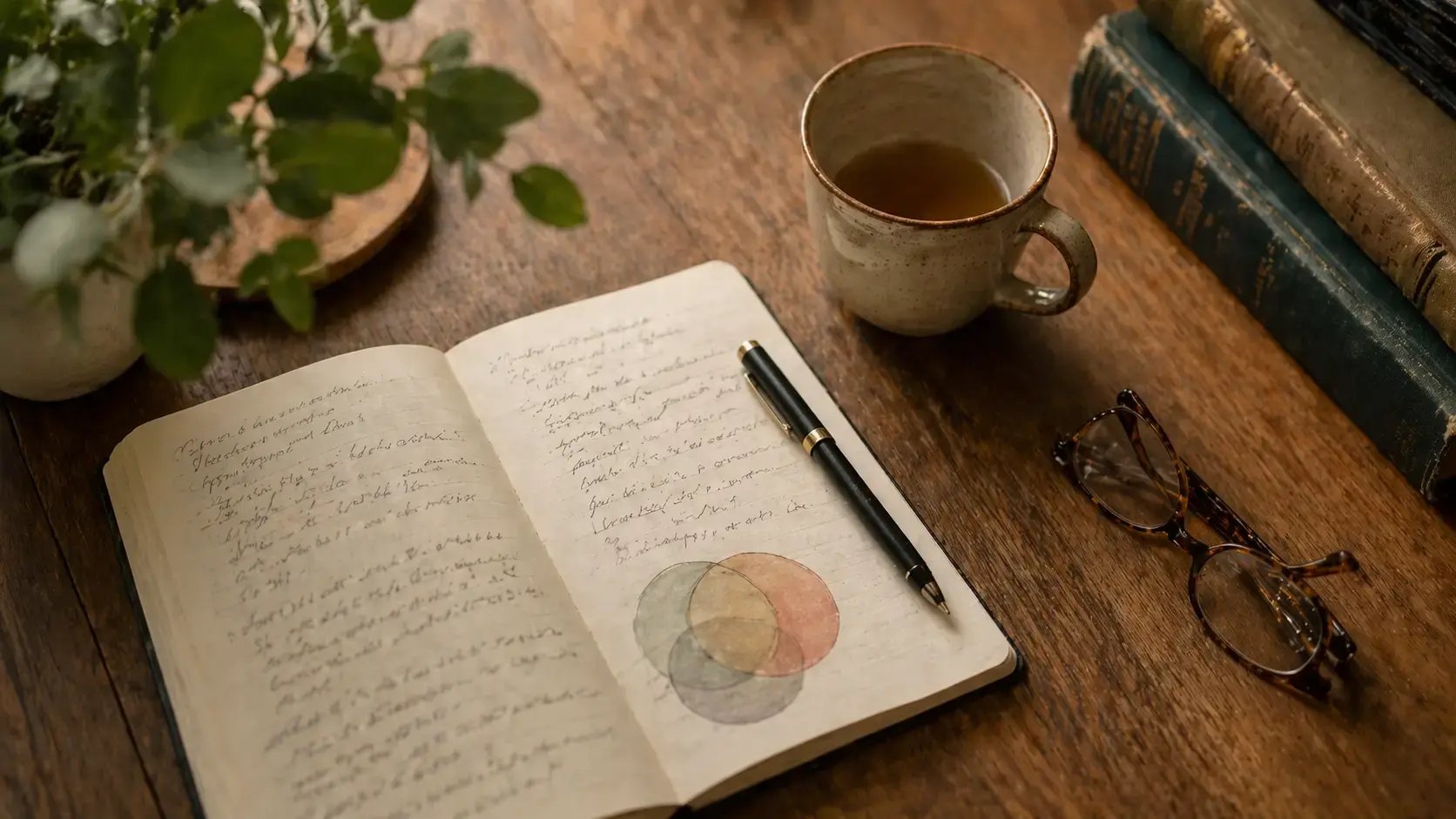 Cozy study corner with tea and books