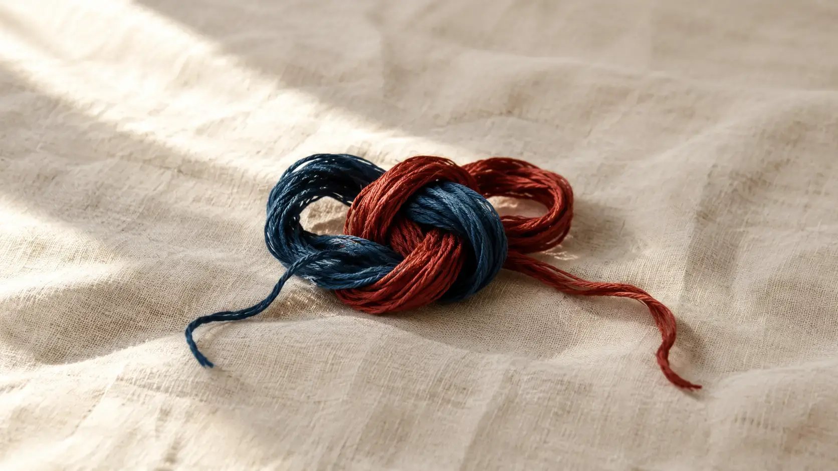 Blue and red threads tangled into one knot on linen, representing the mixed strategies of disorganized attachment in adults.