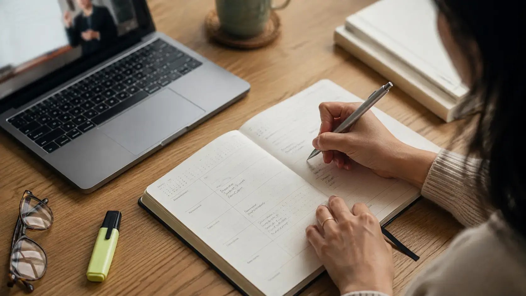 Therapist writing a continuing education plan in a paper planner beside a laptop showing an on-demand training