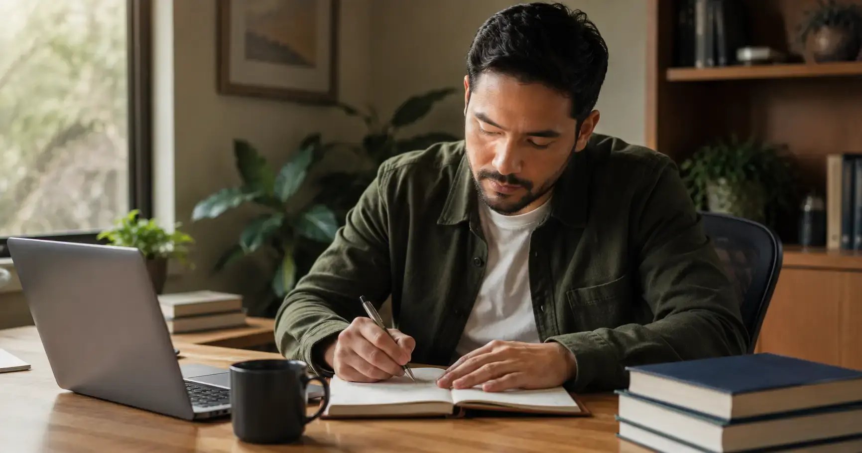 Latino male therapist in his thirties at a home office desk, writing an annual continuing education plan in a paper planner next to an open laptop