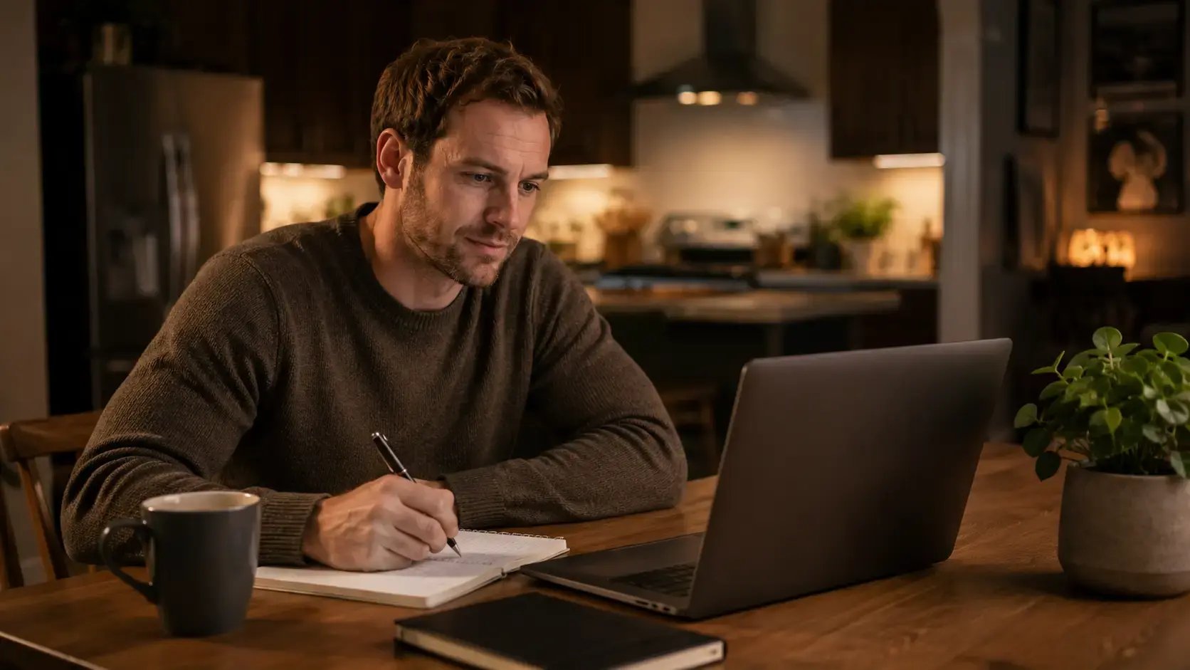 Clinician completing an on-demand training on a laptop at a kitchen table in the evening
