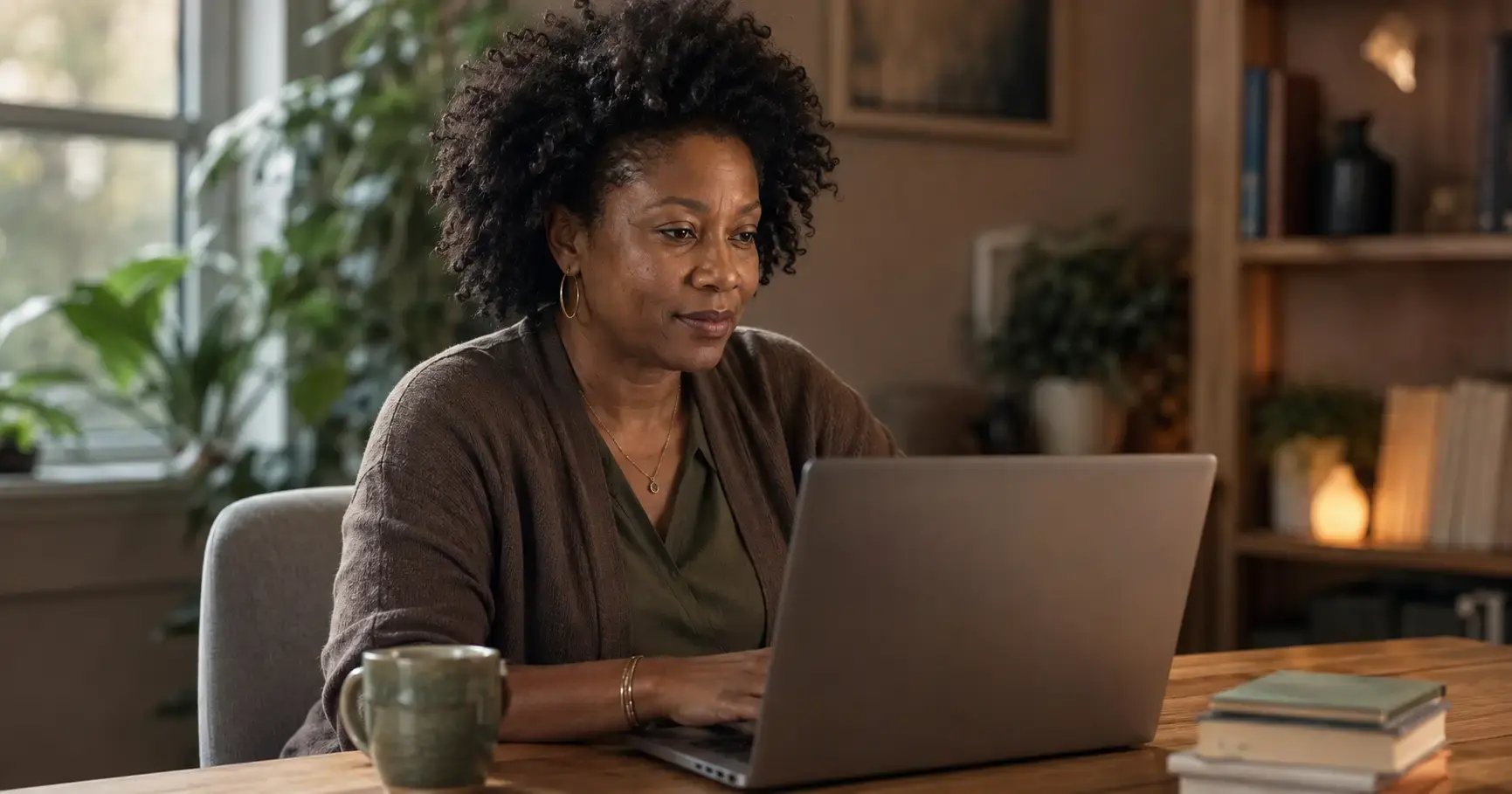 Black female therapist in her forties sitting at her office desk, looking thoughtfully at a laptop between client sessions