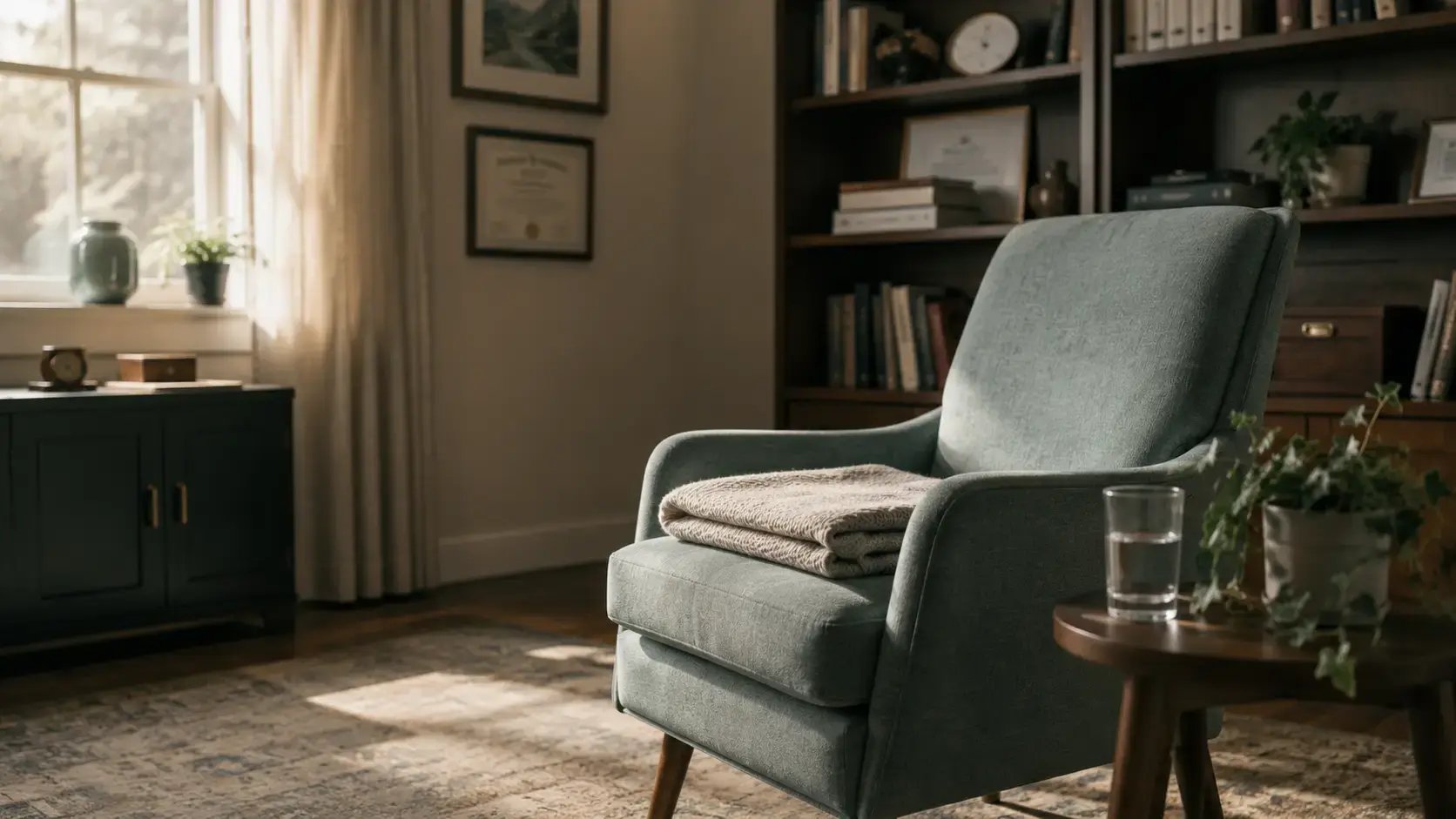 A therapist's office chair angled toward soft afternoon window light, with a folded blanket resting on the seat and a glass of water on a side table, warm editorial tones. 