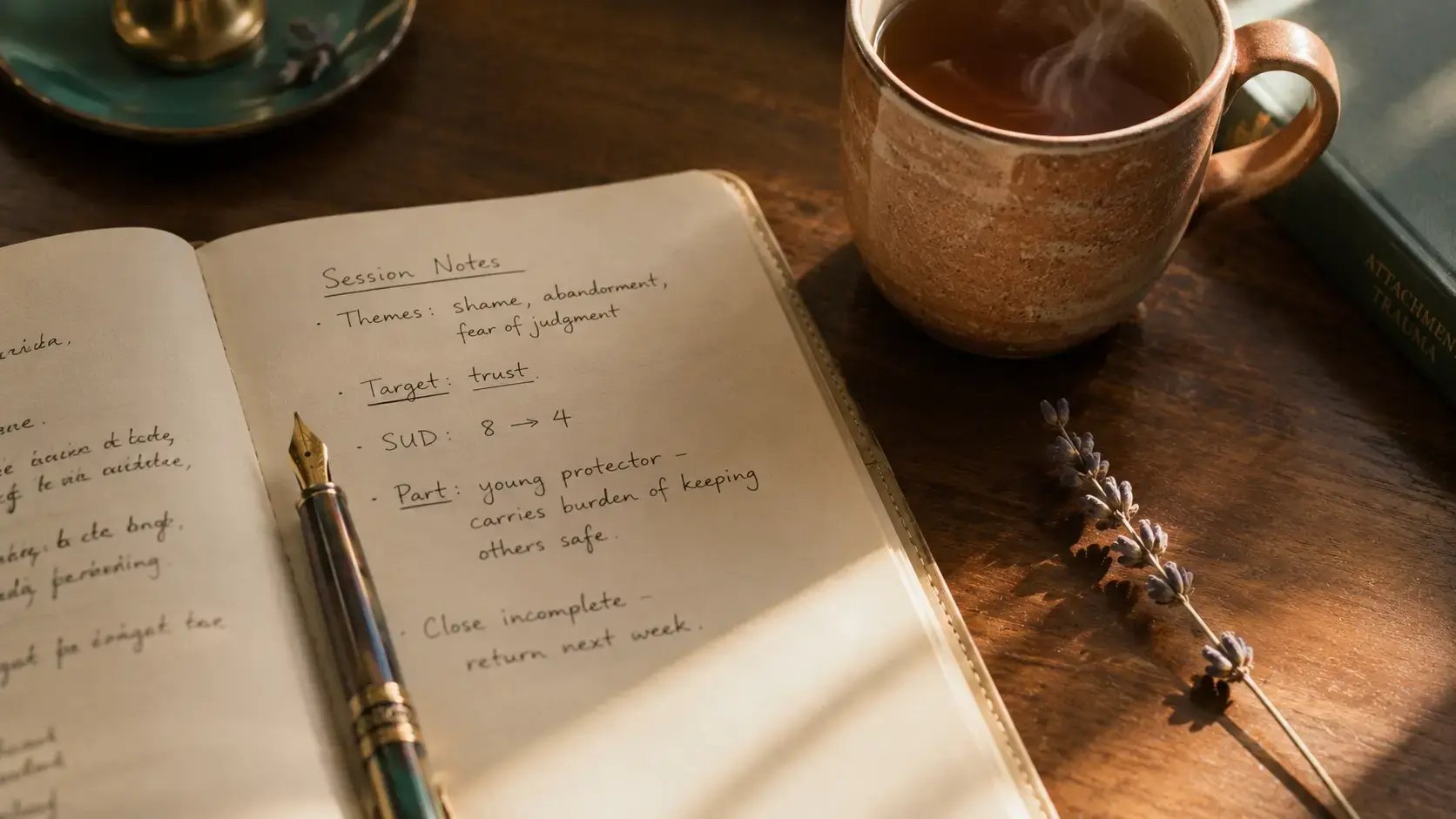 An open leather-bound clinical notebook on a wooden desk, with handwritten session notes, a pen resting across the page, and a small ceramic mug of tea nearby in warm afternoon light.