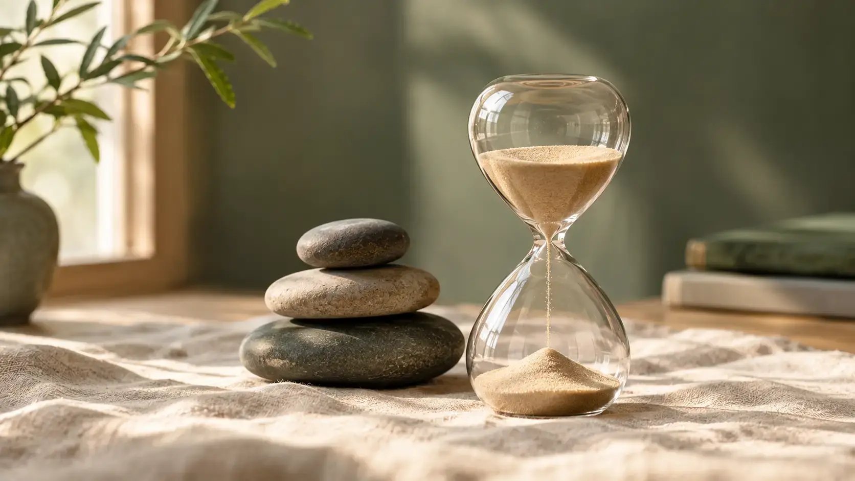 Hourglass with flowing sand beside stacked river stones on linen, representing concentrated time in an EMDR intensive