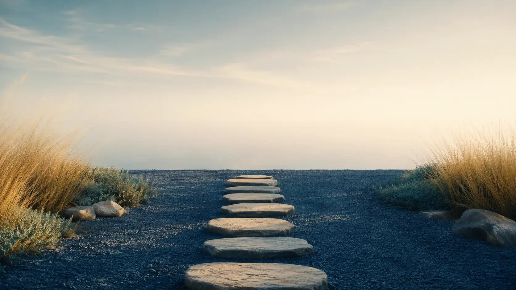 A stone path across open ground that stops a few steps short of the horizon, in soft navy, teal, and gold tones