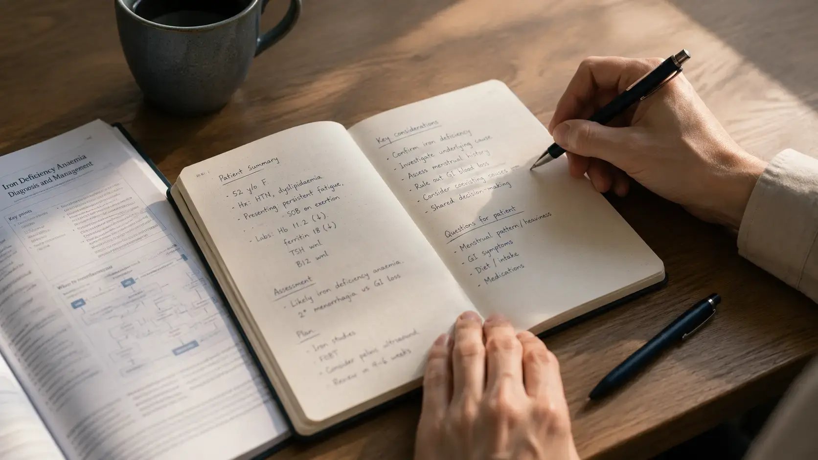 A clinician at a desk with notebook and pen, reviewing case notes in soft natural light, representing the ongoing in-session clinical decision-making involved in shifting between EMD, EMDr, and full EMDR approaches throughout treatment.