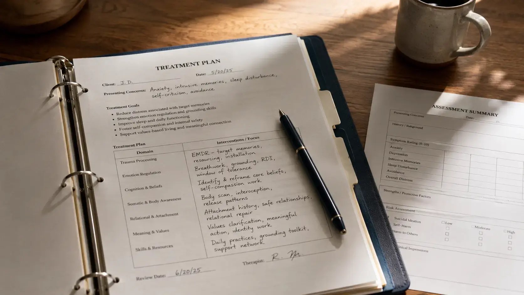 An overhead photograph of a clinician's desk showing an open treatment plan document with handwritten notes alongside an assessment form and pen in warm natural light, representing the considered conversation that takes place when reviewing original treatment goals at the end of EMDR work.