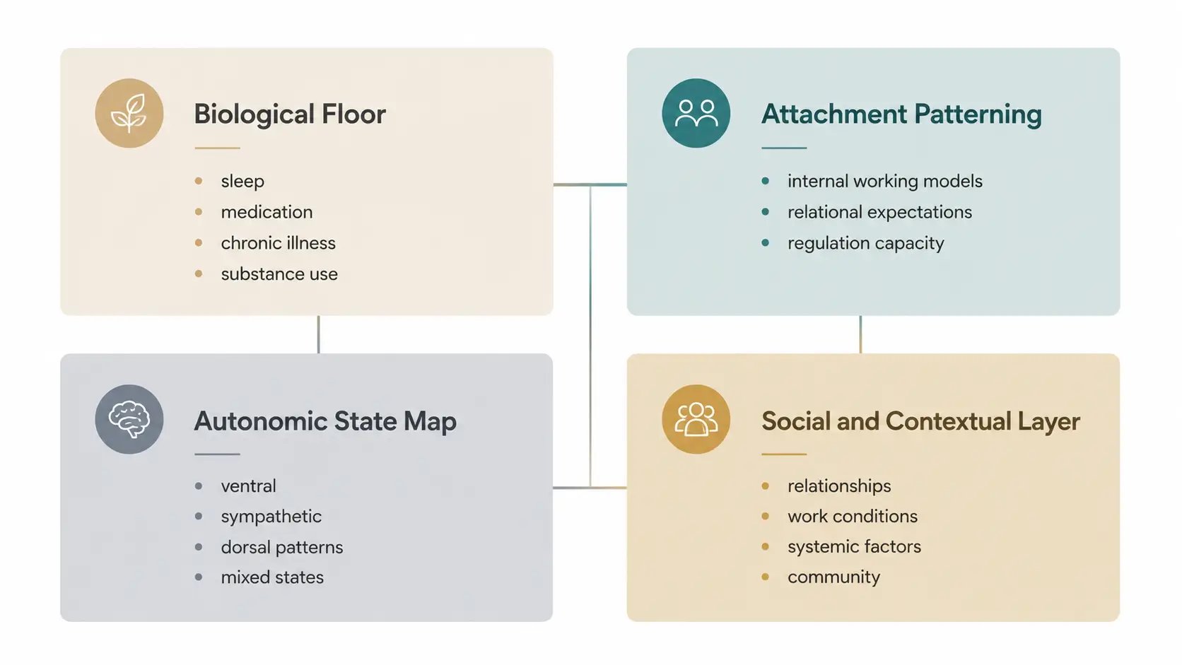 A four-quadrant diagram visualizing the four interconnected layers of nervous system-informed EMDR case conceptualization: biological floor, attachment patterning, autonomic state map, and social and contextual context.