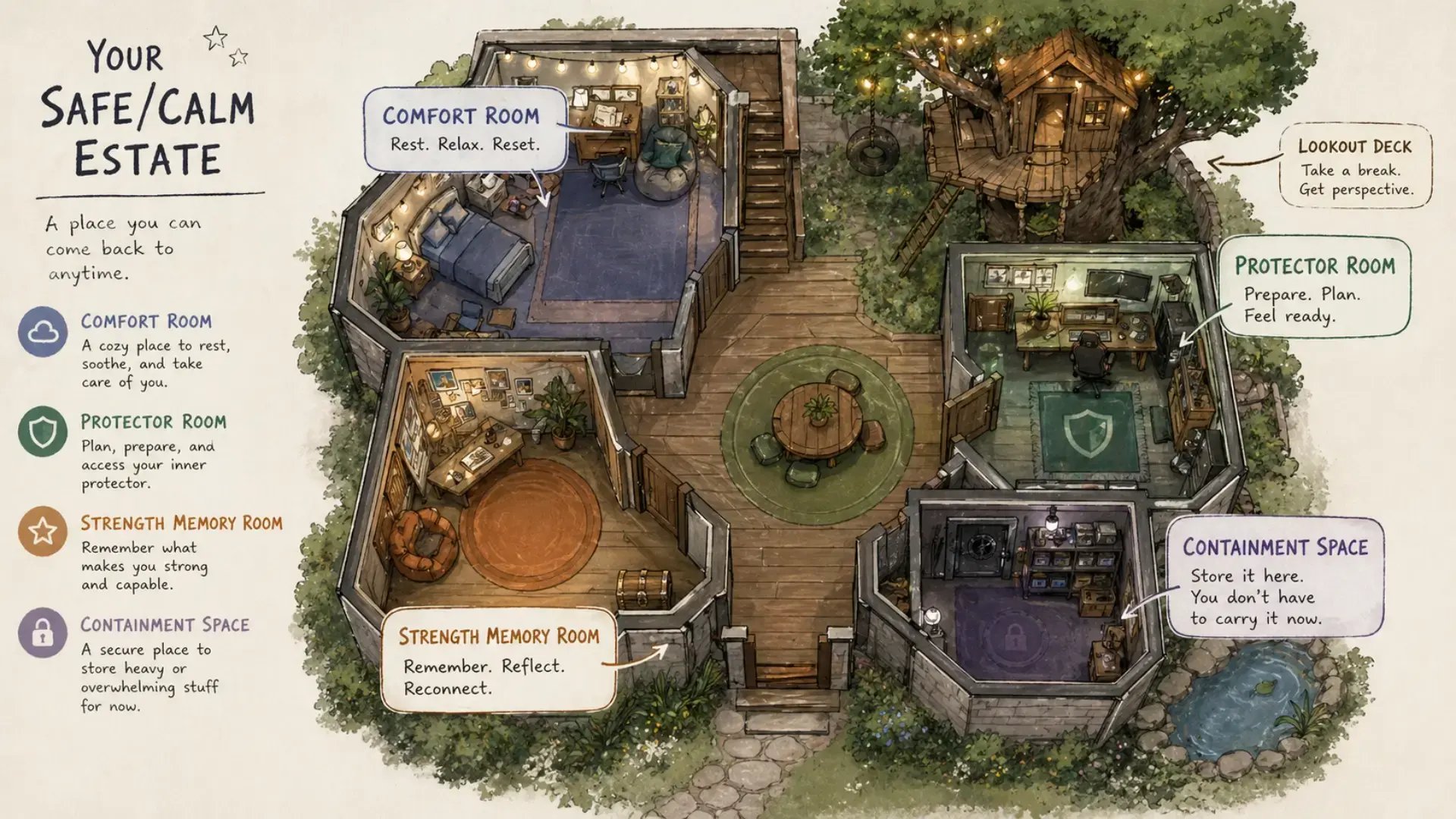 An illustrated floor-plan-style diagram of a Safe/Calm Estate. Show a building or property with multiple labeled rooms: Comfort Room, Protector Room, Strength Memory Room, Containment Space. Could include a teen-friendly element like a video game world or treehouse aesthetic. Hand-drawn or schematic style, warm and inviting rather than clinical.