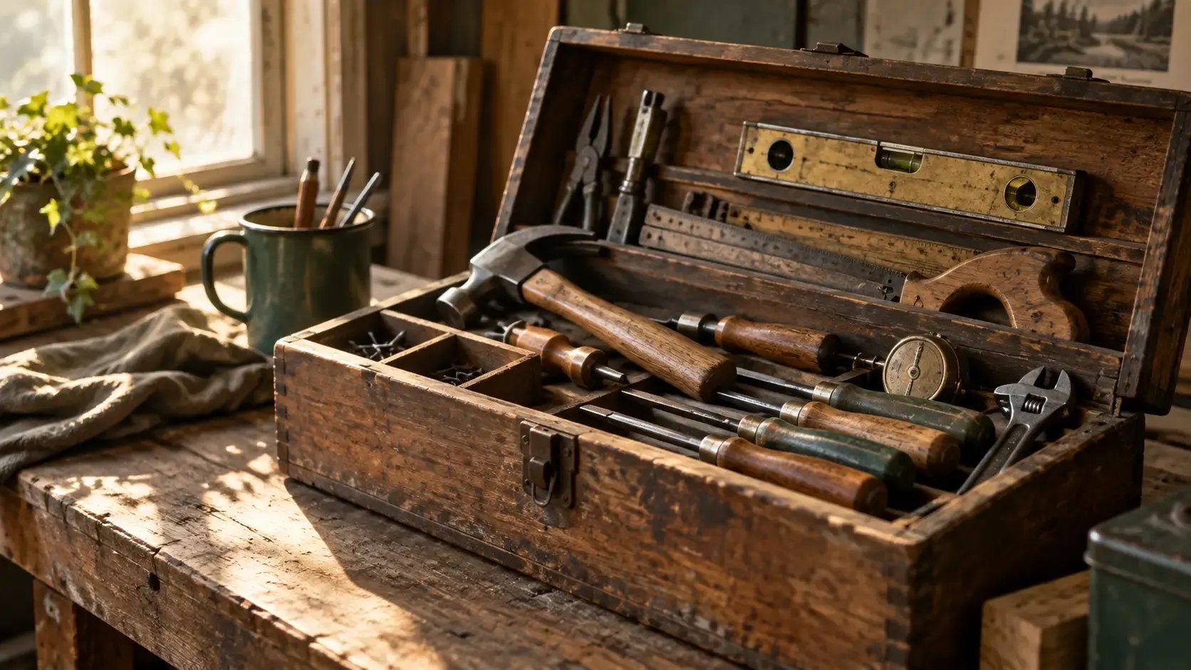 Open wooden toolbox filled with well-worn hand tools on a workbench, representing Jim Knipe's EMDR Toolbox method for complex trauma