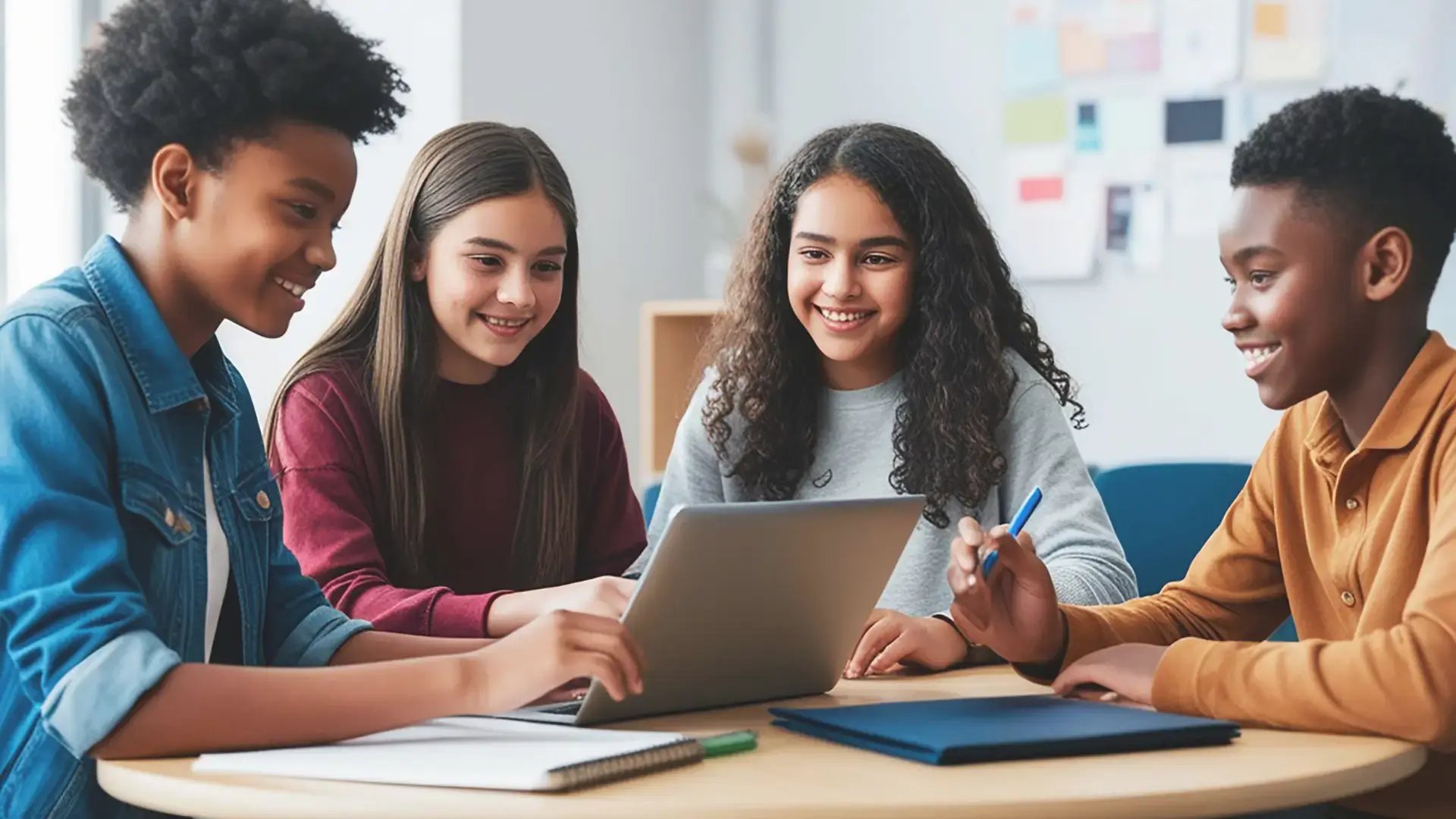Four diverse middle school students smiling and collaborating around a laptop at a round table in a bright classroom Trauma Therapist Institute