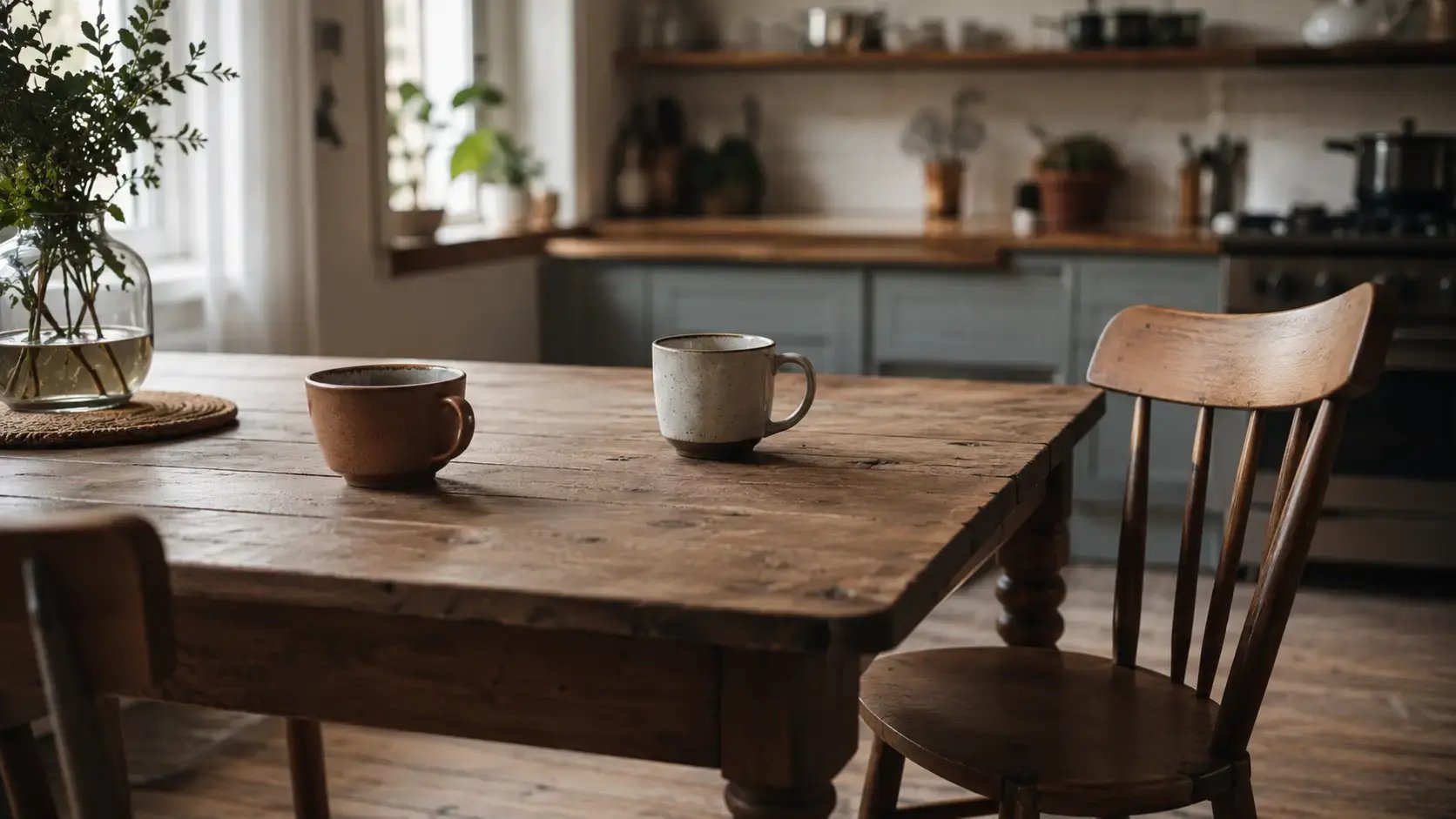 Two coffee cups on a wooden kitchen table in soft morning light, representing the peer relationships that carry therapists through difficult seasons