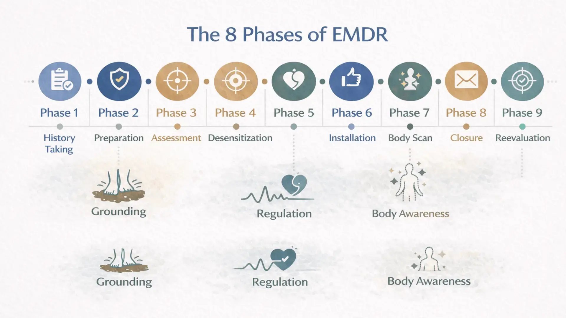 Infographic showing the 8 phases of EMDR therapy in a horizontal timeline Trauma Therapist Institute