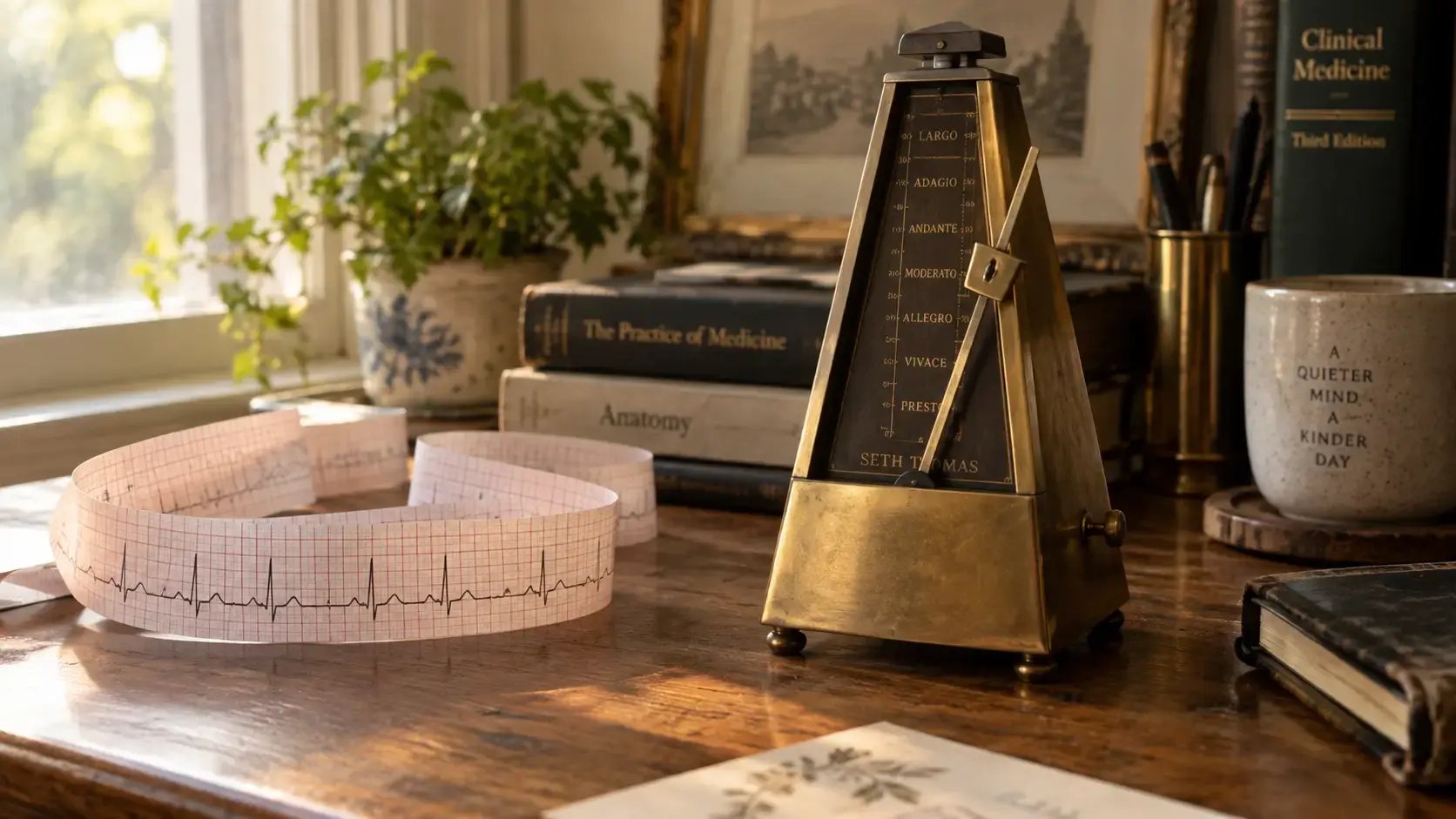 Vintage brass metronome on a wooden desk beside a coiled ECG paper strip in warm morning light Trauma Therapist Institute