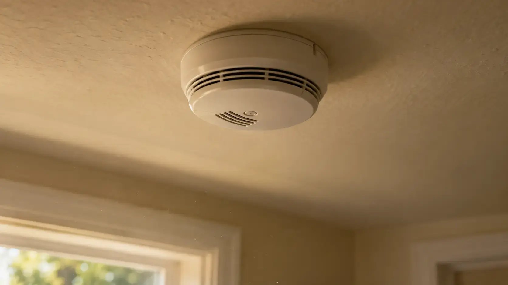 White smoke detector on a warm ceiling in soft window light representing the nervous system's automatic alarm Trauma Therapist Institute