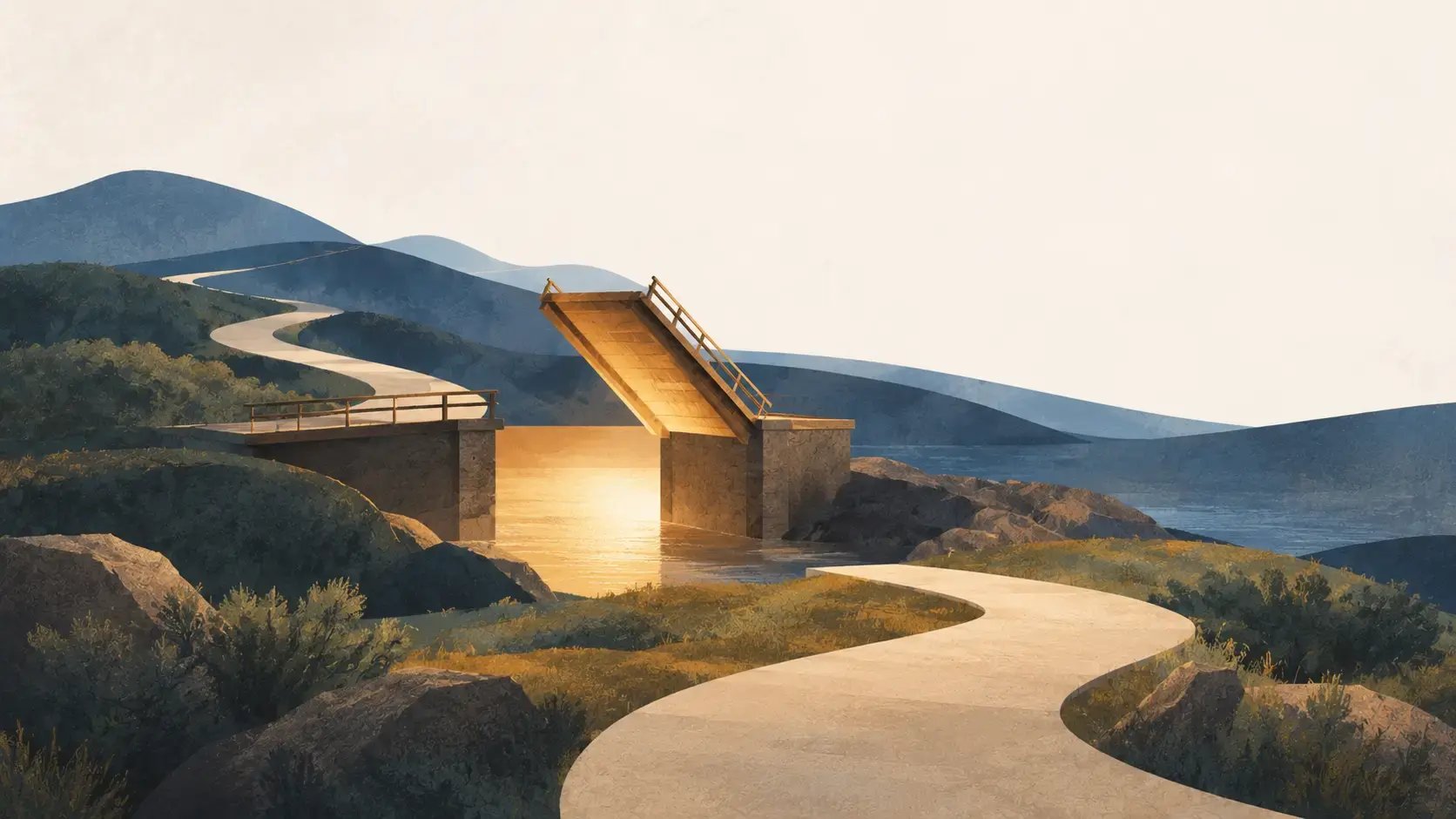 Illustration of a path interrupted by a raised drawbridge, representing a protective part stopping EMDR processing