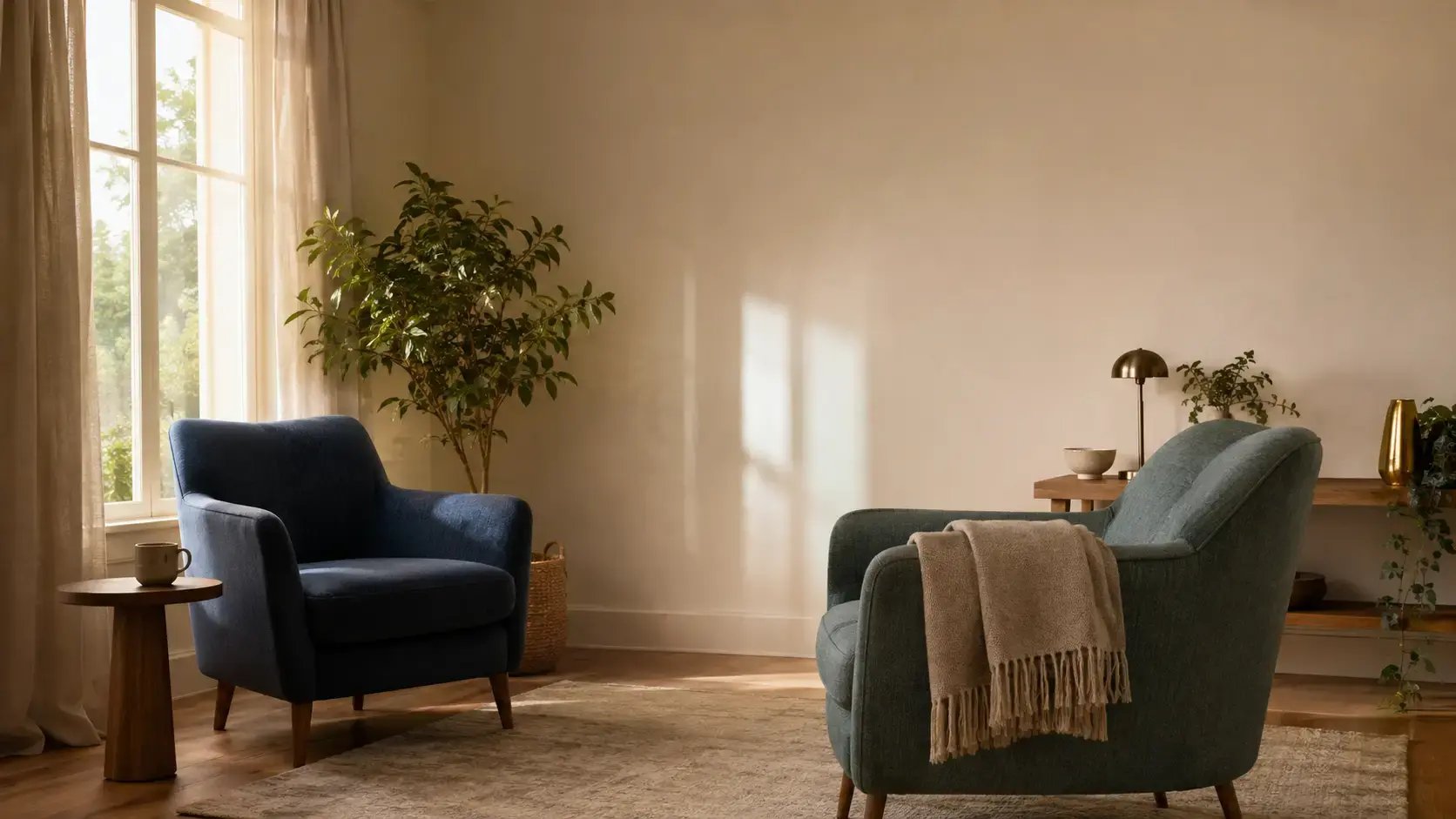 Two empty armchairs angled toward each other beside a sunlit window in a calm therapy room, suggesting a safe space for difficult clinical conversations