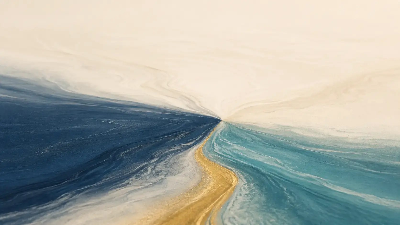 Two quiet paths meeting at a single point, rendered in soft navy, teal, and gold tones