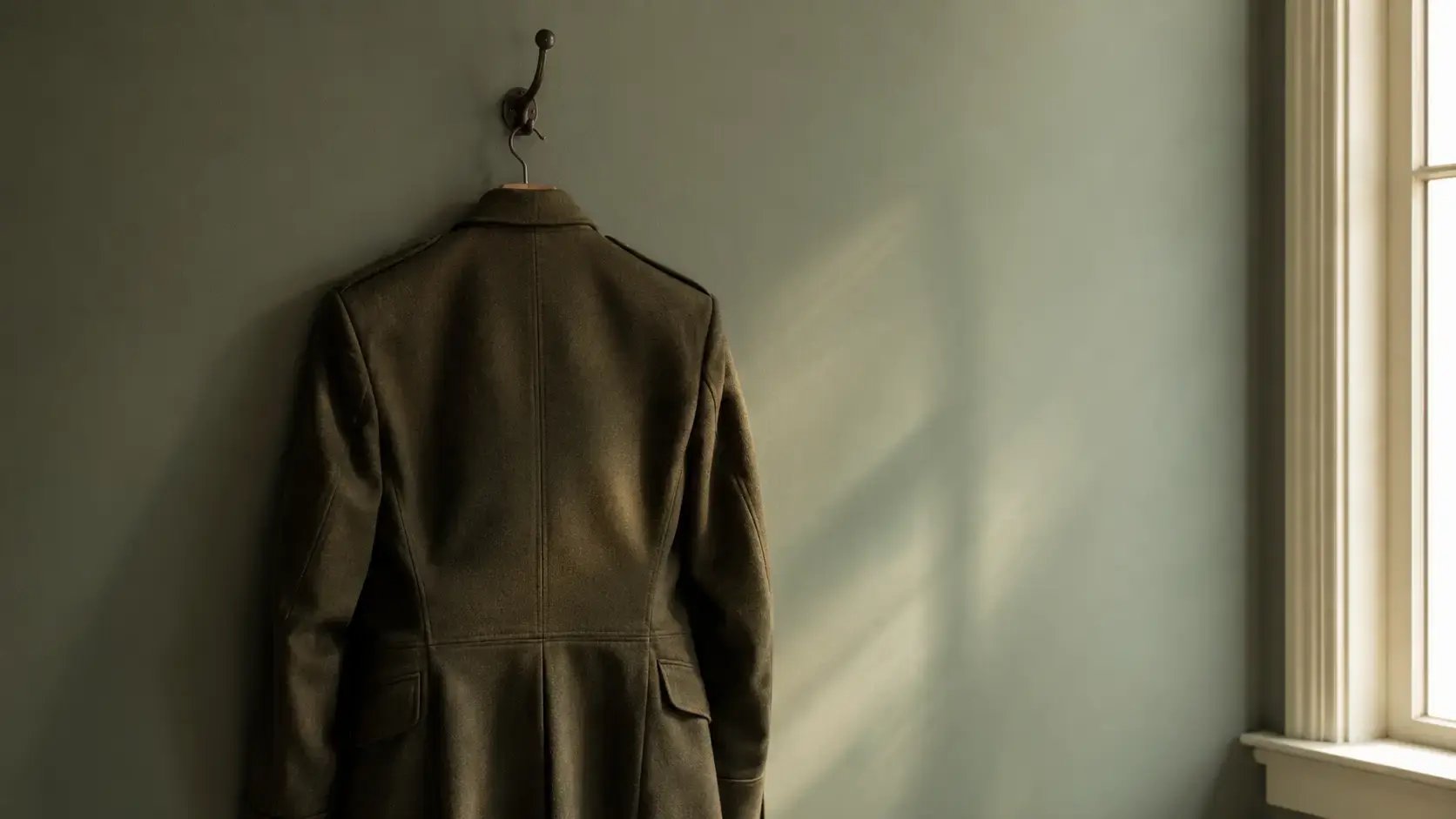A military uniform jacket hanging alone against a muted wall, representing the unseen weight of racial trauma carried inside military service
