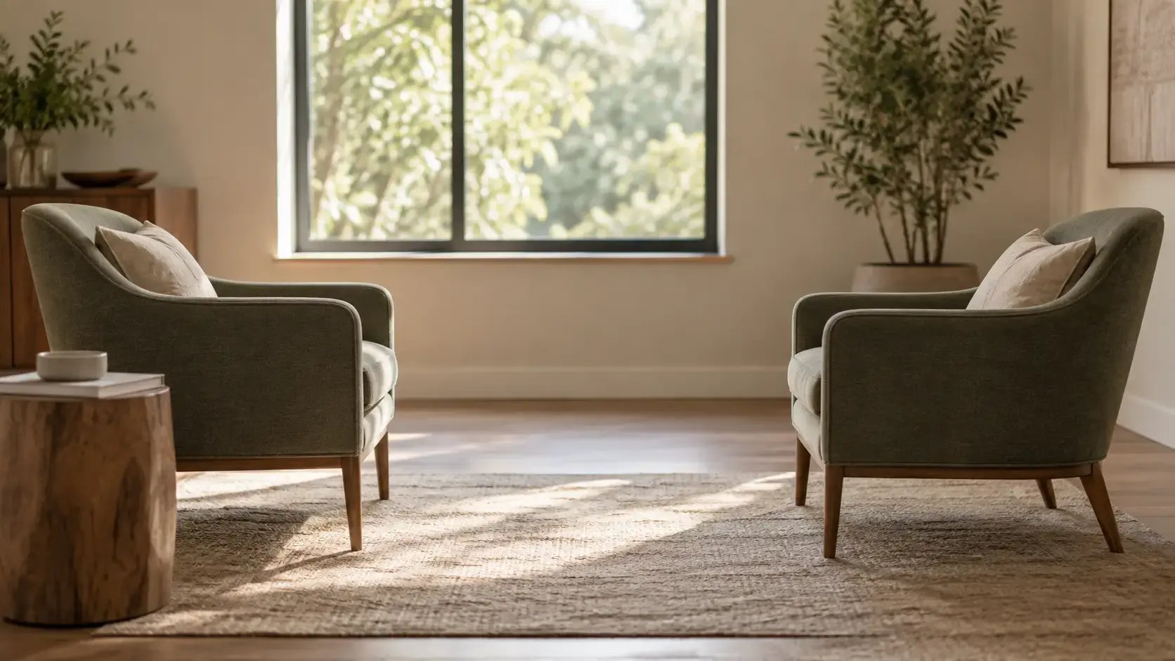 Two empty chairs facing each other in a quiet therapy office, representing the first session between a therapist and a military client