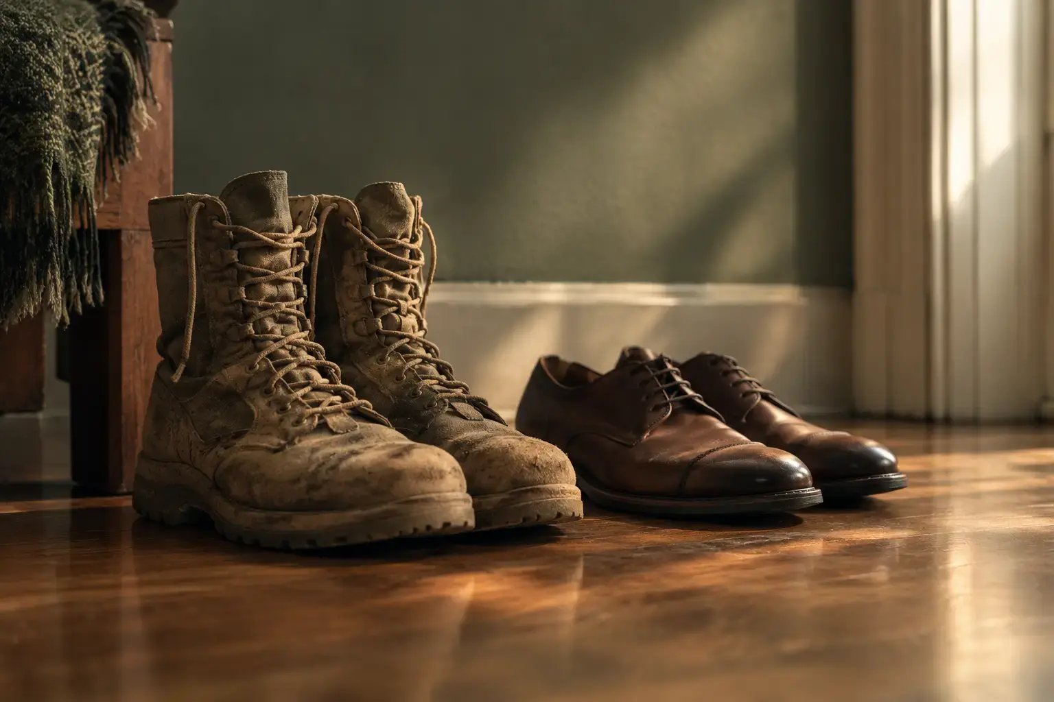 Worn military boots beside civilian shoes on a wooden floor, representing the gap between military experience and civilian therapy training
