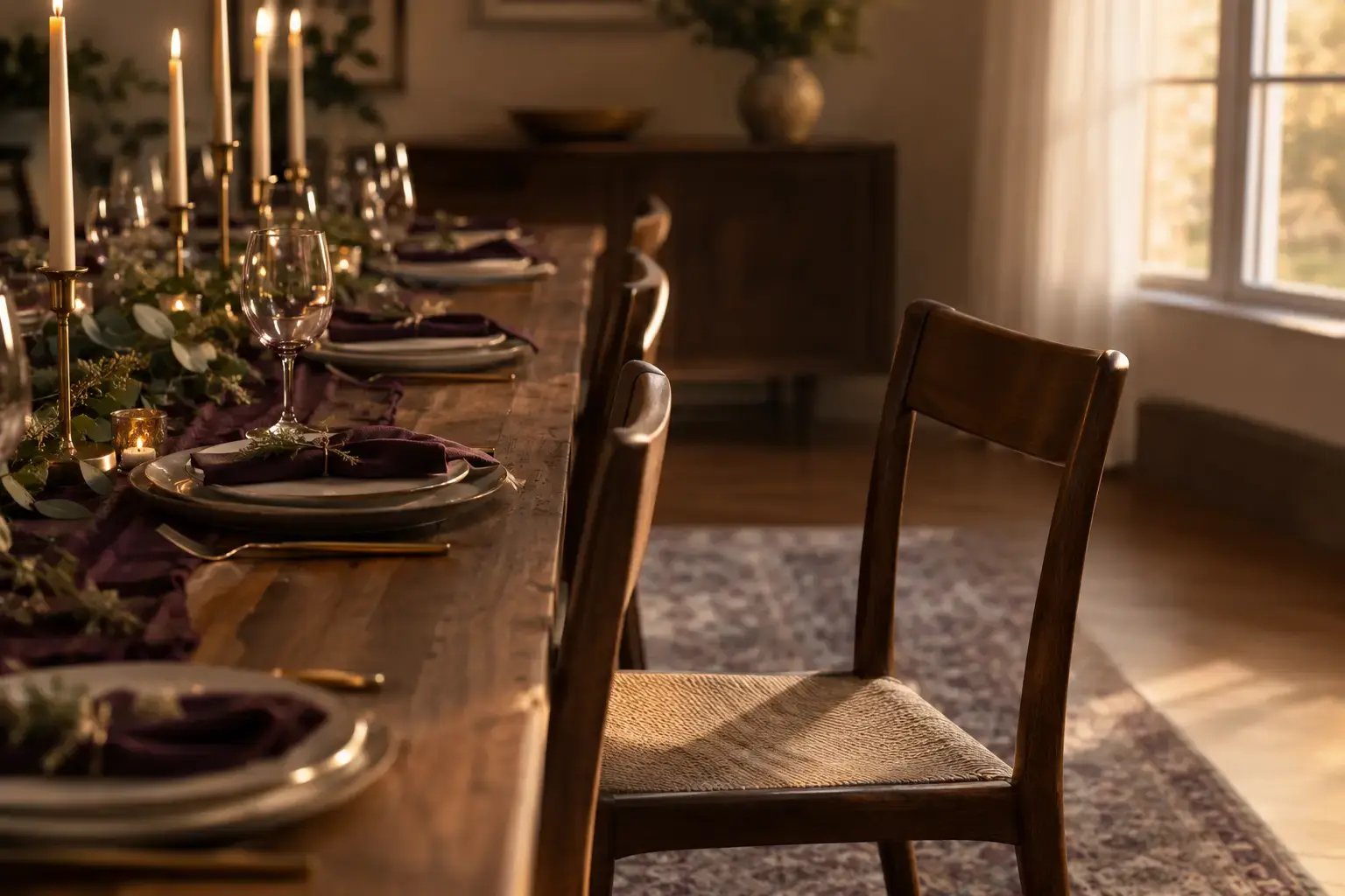 An empty chair pulled away from a set holiday dinner table in soft afternoon light, representing the family dynamics trauma clients face during the holidays.