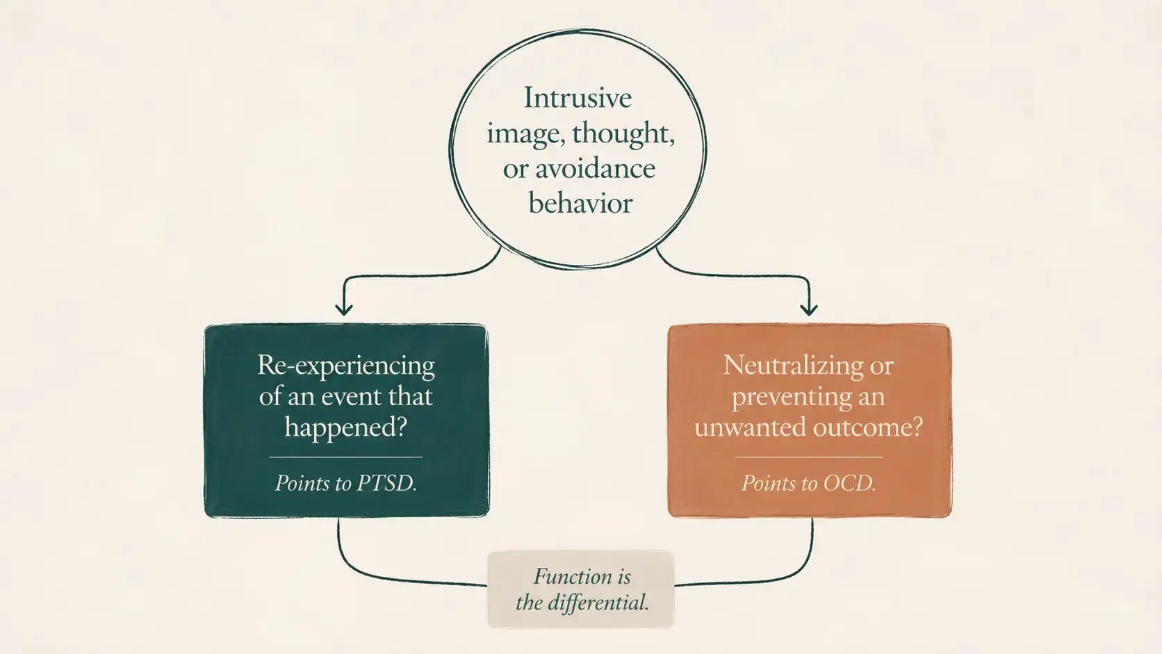 A simple decision diagram showing a single intrusive symptom branching into two clinical interpretations based on its function, with PTSD on one path and OCD on the other.