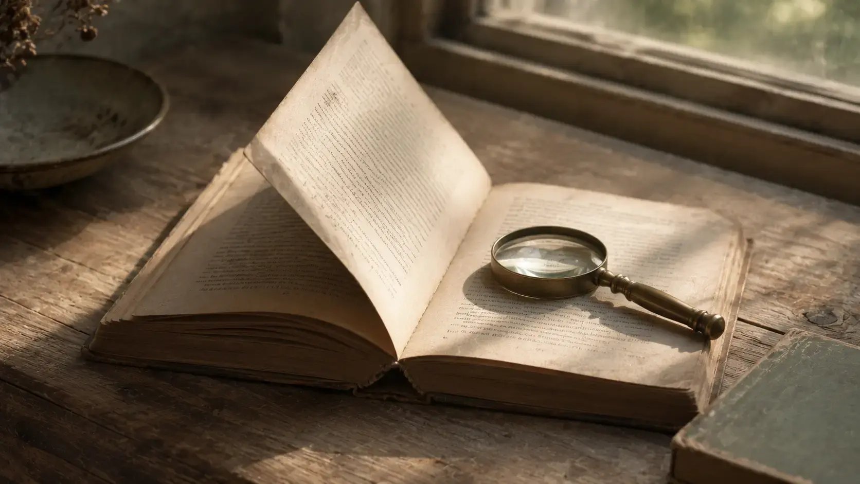 An open paperback book with a single page lifted halfway and a small magnifying glass resting on the opposite page, suggesting careful examination of the reasoning behind what we read, evoking the inference-based therapy approach that works with how OCD clients reason themselves into doubt rather than the content of their fears.