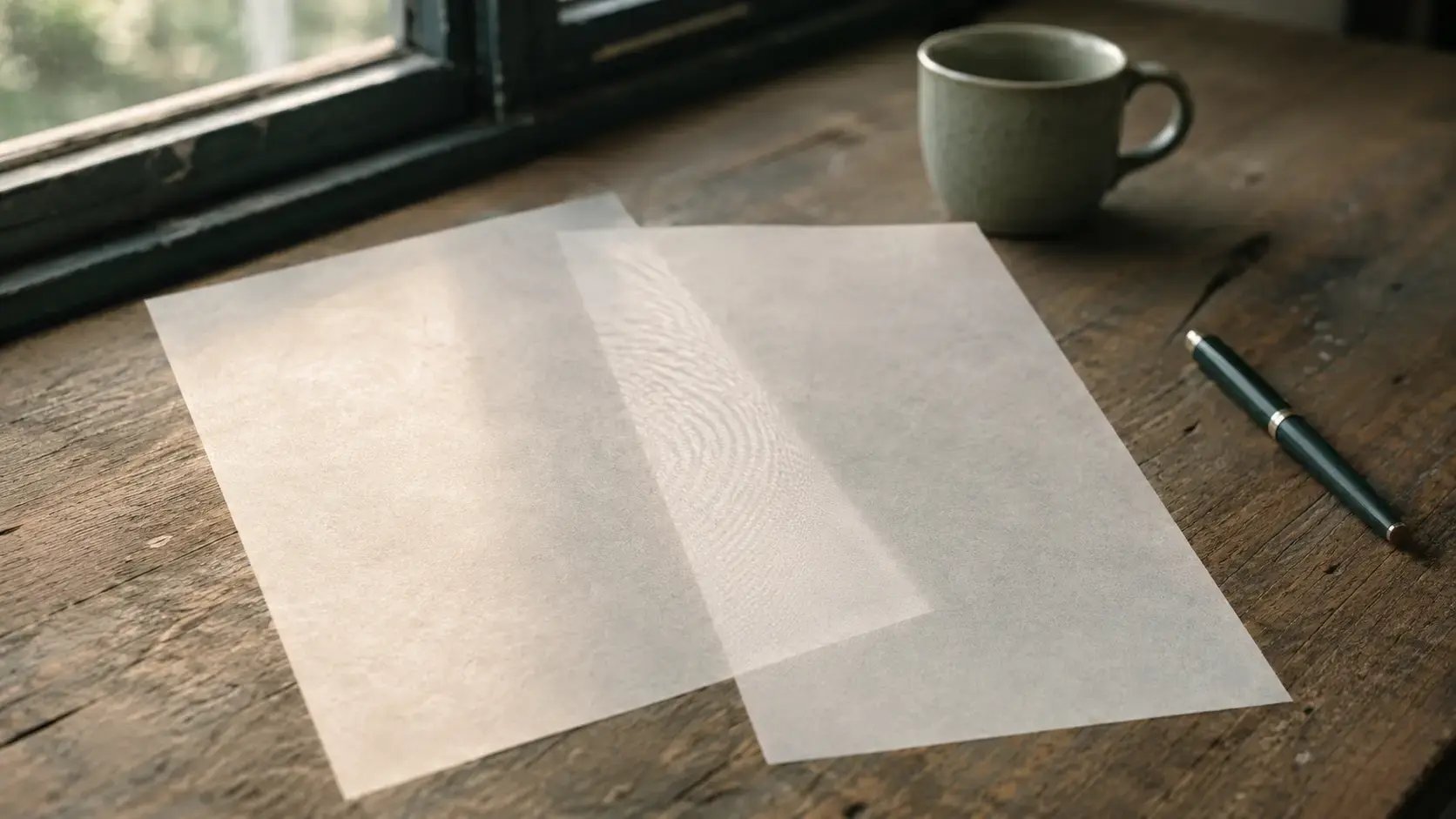 Two overlapping translucent paper layers on a clinician's desk near a window, slightly offset so the underlying surface shows through the seam, evoking the visible overlap between OCD and PTSD presentations that trauma therapists encounter in their caseloads.