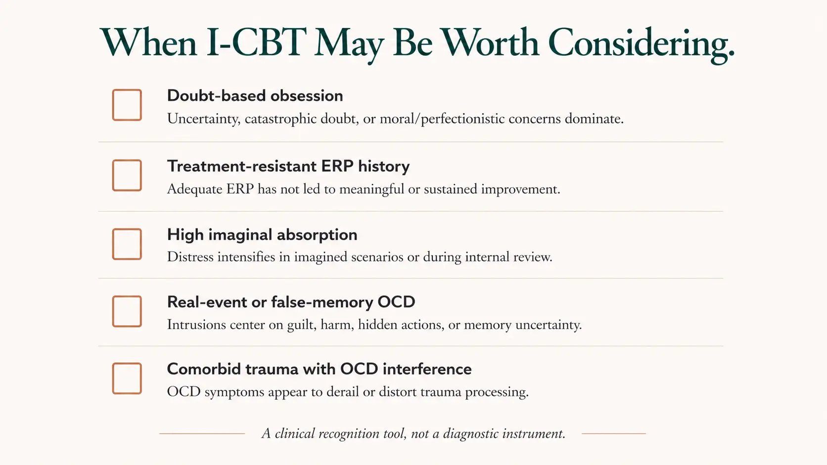 A clean checklist-style graphic listing the five clinical patterns that may indicate inference-based CBT is worth considering or referring for: doubt-based obsession, treatment-resistant ERP, high imaginal absorption, real-event or false-memory OCD, and comorbid trauma with OCD interference.