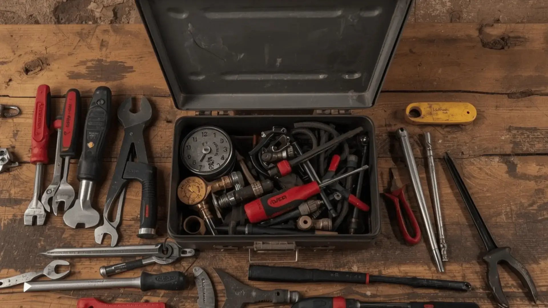 Open toolbox filled with various tools surrounded by wrenches, screwdrivers, and pliers spread across a worn wooden workbench