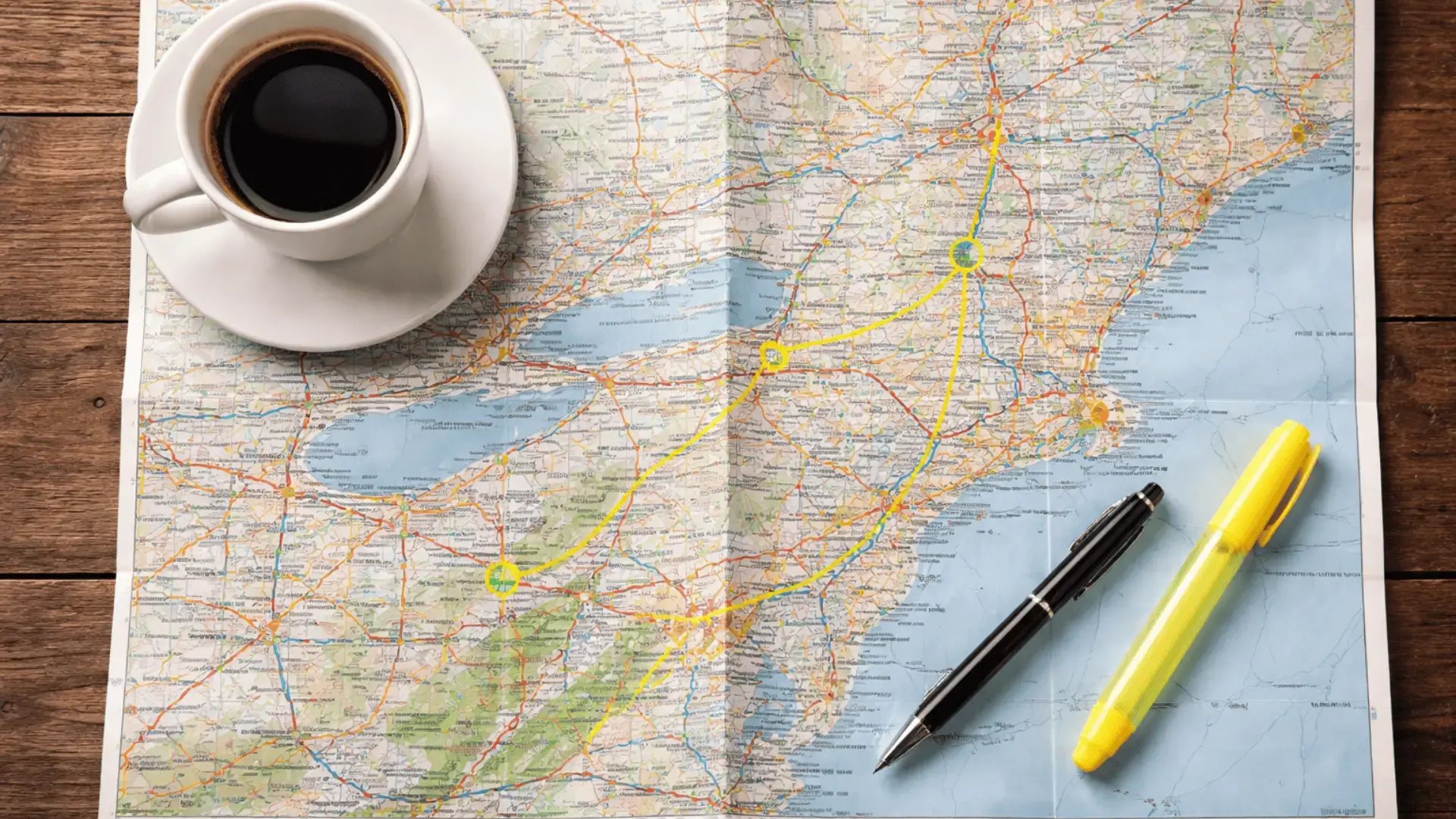 Overhead view of an unfolded road map with a highlighted route, a cup of black coffee, a pen, and a yellow highlighter on a wooden table Trauma Therapist Institute